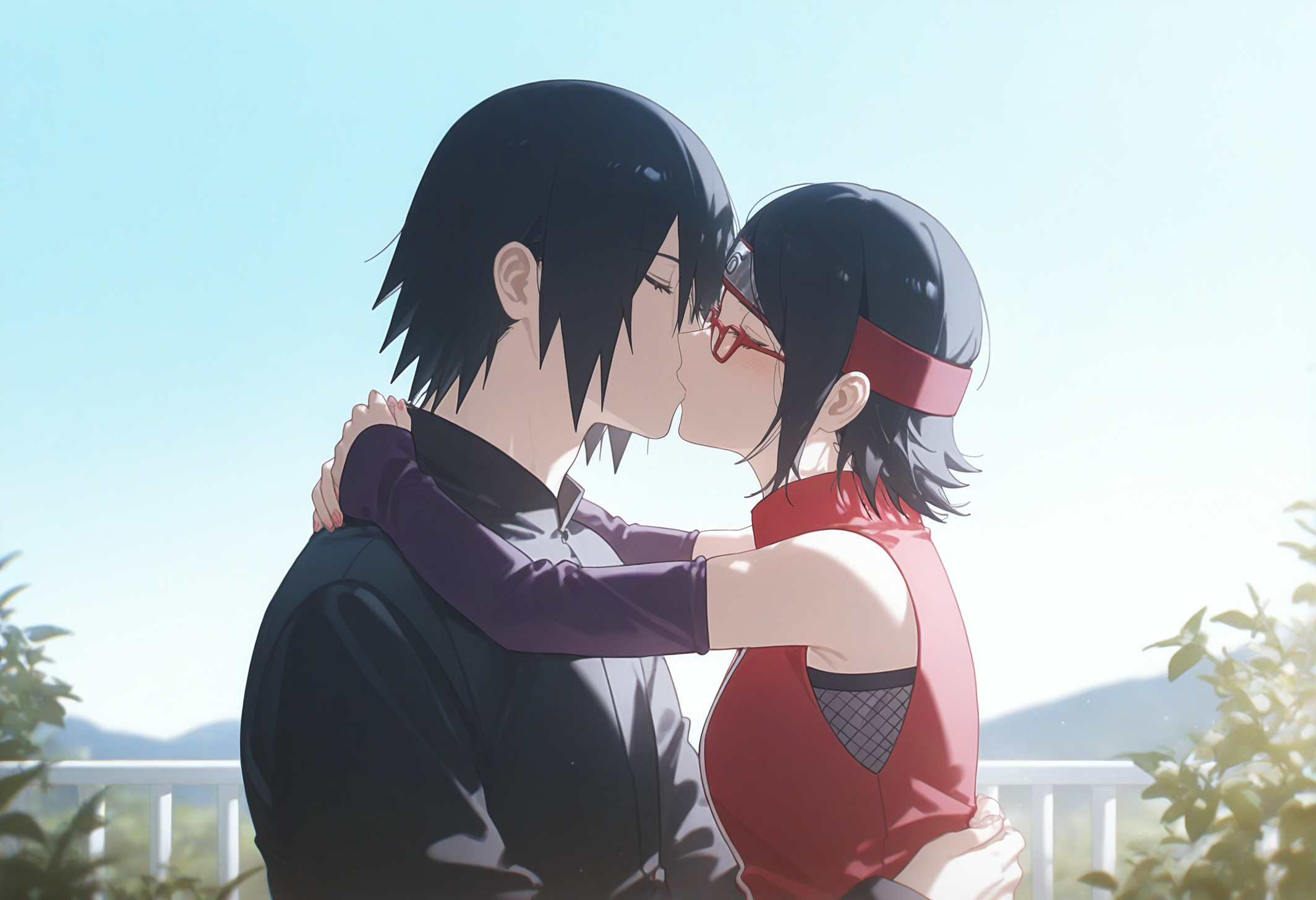 1boy, 1girls, 2d (artwork), 2d artwork, age difference, ai generated, black hair, boruto: naruto next generations, clothed, comic style, father and daughter, female, height difference, incest, kissing, male, male/female, naruto, naruto (series), sarada uchiha, sasuke uchiha, straight, teenage female, teenager