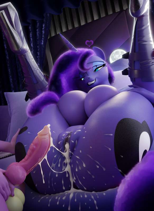 3d, ass, breasts, canine penis, cum, cum in pussy, cum inside, cum leaking out of pussy, dragon cock, female, friendship is magic, furry, glasses, high heel boots, high heels, hooves-art, huge ass, huge breasts, humanoid, legs up, male, my little pony, my little pony friendship is magic, penis, princess luna (mlp), pussy, spike (mlp), tagme