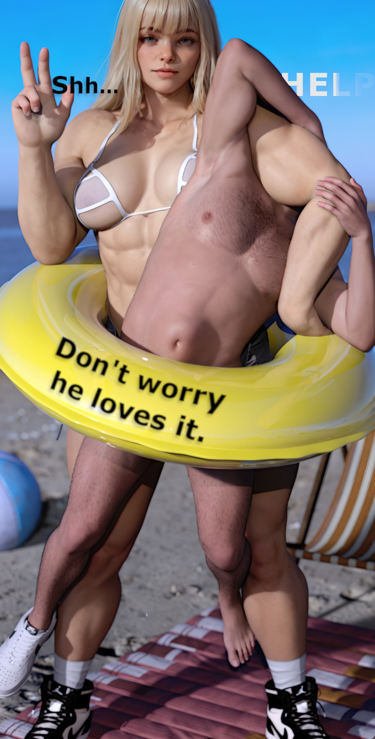 1boy, 1futa, 3d, abs, asphyxiation, bangs, belly bulge, bikini, bikini top, blonde hair, blue eyes, cfnm, chest hair, choking, cutoffs, english text, forced, forced sex, futa on male, futanari, hdregrets, headlock, hidden sex, hime cut, hotpants, intersex, jean shorts, larger futa, male, muscular, muscular futa, open shorts, original character, public, public sex, rape, reverse suspended congress, size difference, sneakers, socks, stomach bulge, swimsuit, text