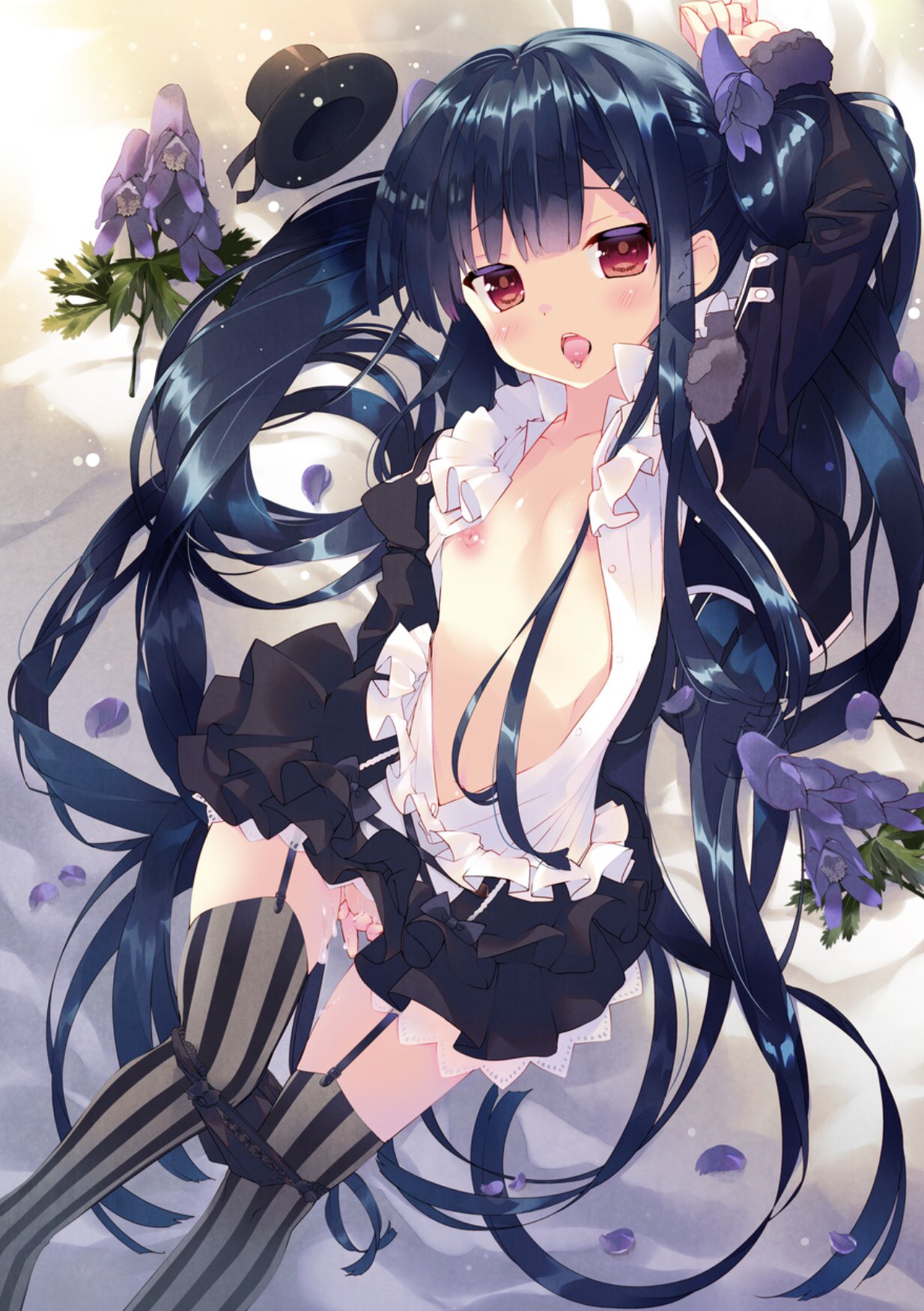 active_mover arikawa_satoru breasts flower_knight_girl gothic_lolita lolita_fashion masturbation nipples no_bra open_shirt pantsu panty_pull pussy_juice skirt_lift stockings thighhighs