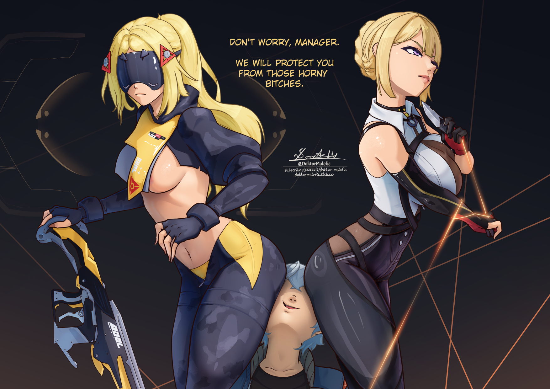 1boy, 2girls, ass, background, big ass, big breasts, big butt, blindfold, blindfolded, blonde female, blonde hair, breasts, color, colored, doktor malefic, evelyn chevalier, facesitting, female, femdom, grey hair, gun, hoyoverse, long hair, male, mihoyo, military uniform, purple eyes, short hair, sweat, thick, thick ass, thick thighs, tied hair, trigger (zenless zone zero), wise (zenless zone zero), zenless zone zero
