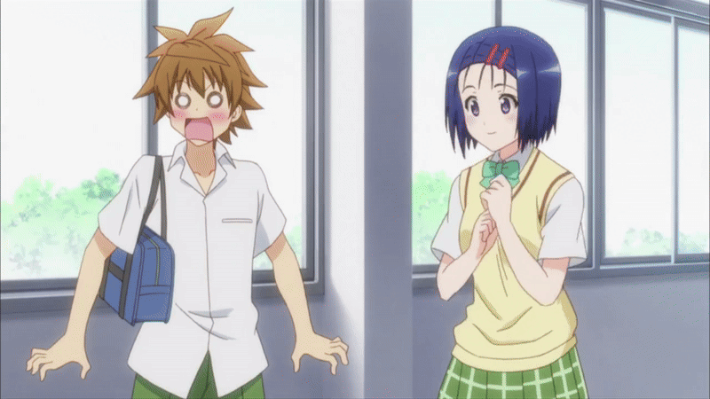 1boy, 1girls, animated, blush, bra, breasts, clothing, exposed bra, extreme blush, female, flashing bra, grabbing clothing, lifting shirt, light skin, light-skinned female, light-skinned male, male, medium breasts, momioka risa, official animation, official art, sairenji haruna, sawada mio, screencap, shirt lift, skirt, small breasts, straight, to love-ru, yuuki rito