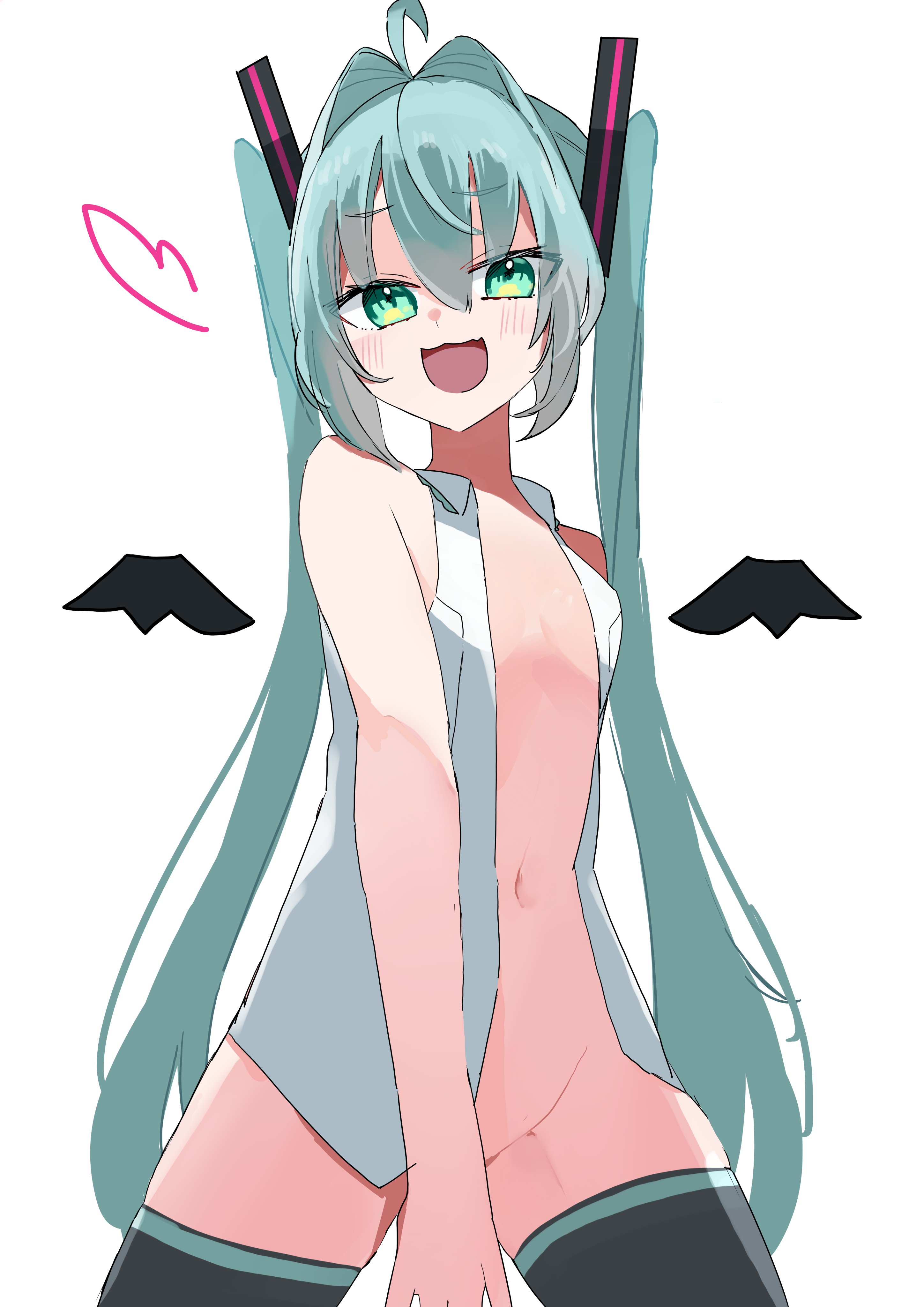 :d, 1girl, 1girls, ahoge, aqua eyes, aqua hair, arm behind back, bangs, bare shoulders, black thighhighs, blue eyes, blue hair, blush, bottomless, breasts, cowboy shot, detached wings, eye contact, fang, female, hair between eyes, hair intakes, hair ornament, hatsune miku, heart, long hair, looking at viewer, low view, low-angle view, navel, open clothes, open mouth, open shirt, partially clothed, pov, shaded, shirt, simple background, skin fang, sleeveless, sleeveless shirt, small breasts, smile, solo, thighhighs, thighs, twintails, very long hair, vest, vocaloid, white background, white shirt, wings, yatsuwo emiya