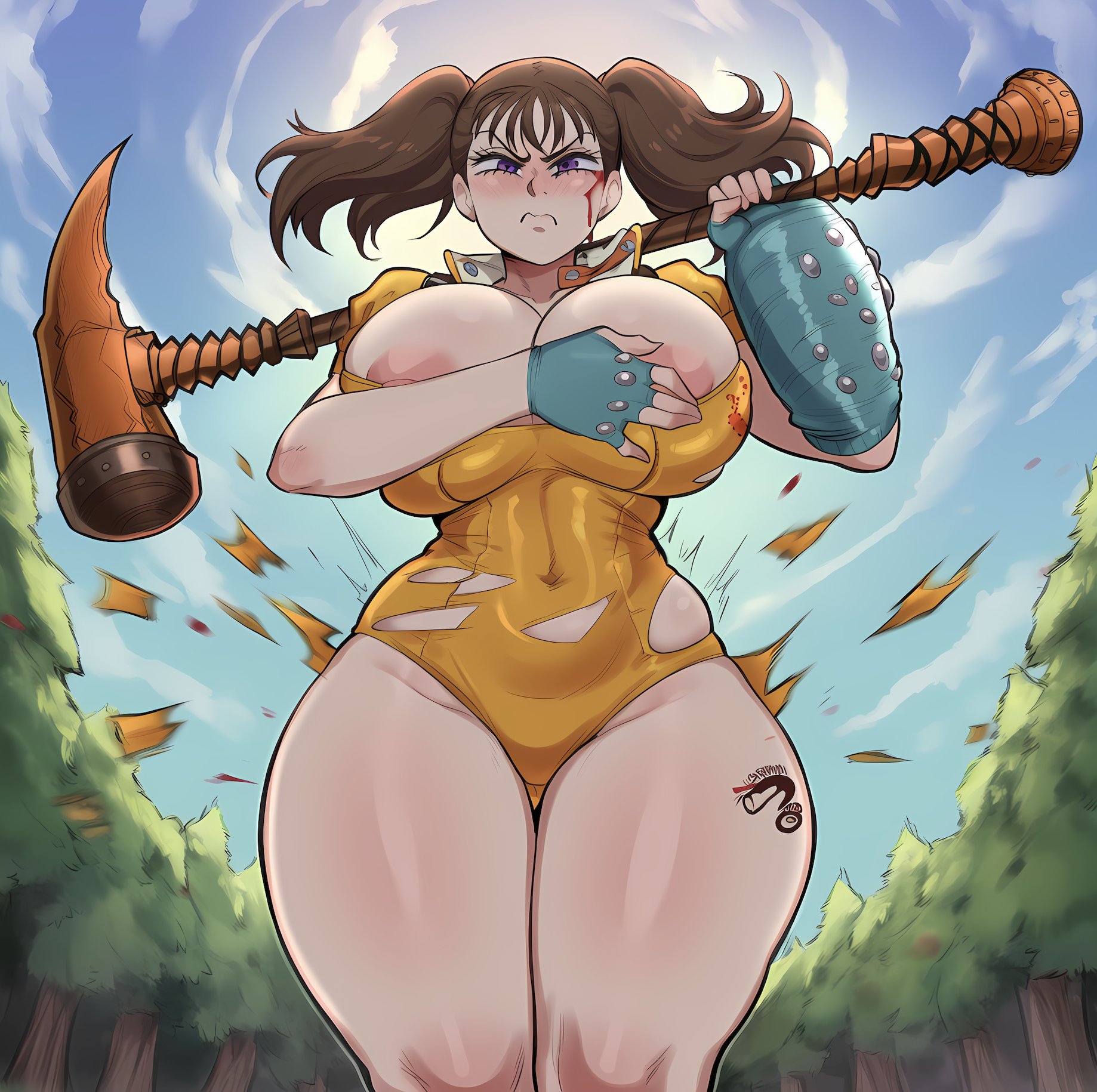 ai generated, big thighs, brown hair, covering, covering breasts, diane (nanatsu no taizai), emba, embarrassed, embarrassed exposed female, embarrassed expression, embarrassed female, exposed breasts, exposed nipples, female, gauntlets, giant ass, giant breasts, giant female, hand covering breasts, hand on breast, hips, holding, holding hammer, holding object, hydra ai, leotard, low-angle view, nanatsu no taizai, nipples, orange leotard, short sleeves, tall female, taller female, tattoo, tattoo on legs, the seven deadly sins, thick thighs, thighs, torn clothes, violet eyes, wide hips, wide thighs