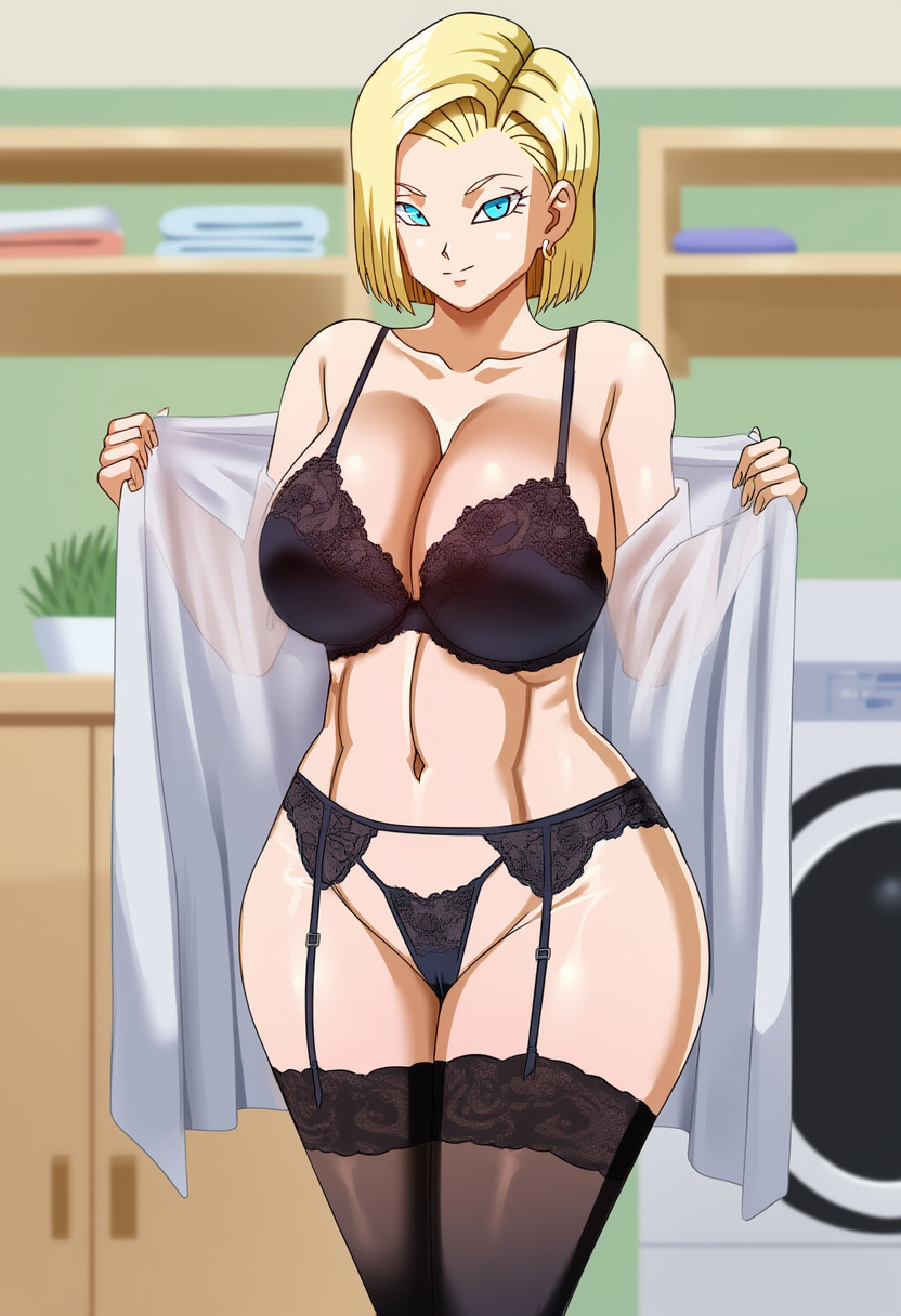 ai_generated android_18 big_breasts blonde_hair breasts dragon_ball dryer earring female lacy_bra lacy_panties laundry_room lingerie pinkpawg pinkpawg(artstyle) removing_clothing shelves short_hair slim_waist taking_clothes_off thick_thighs thighhighs