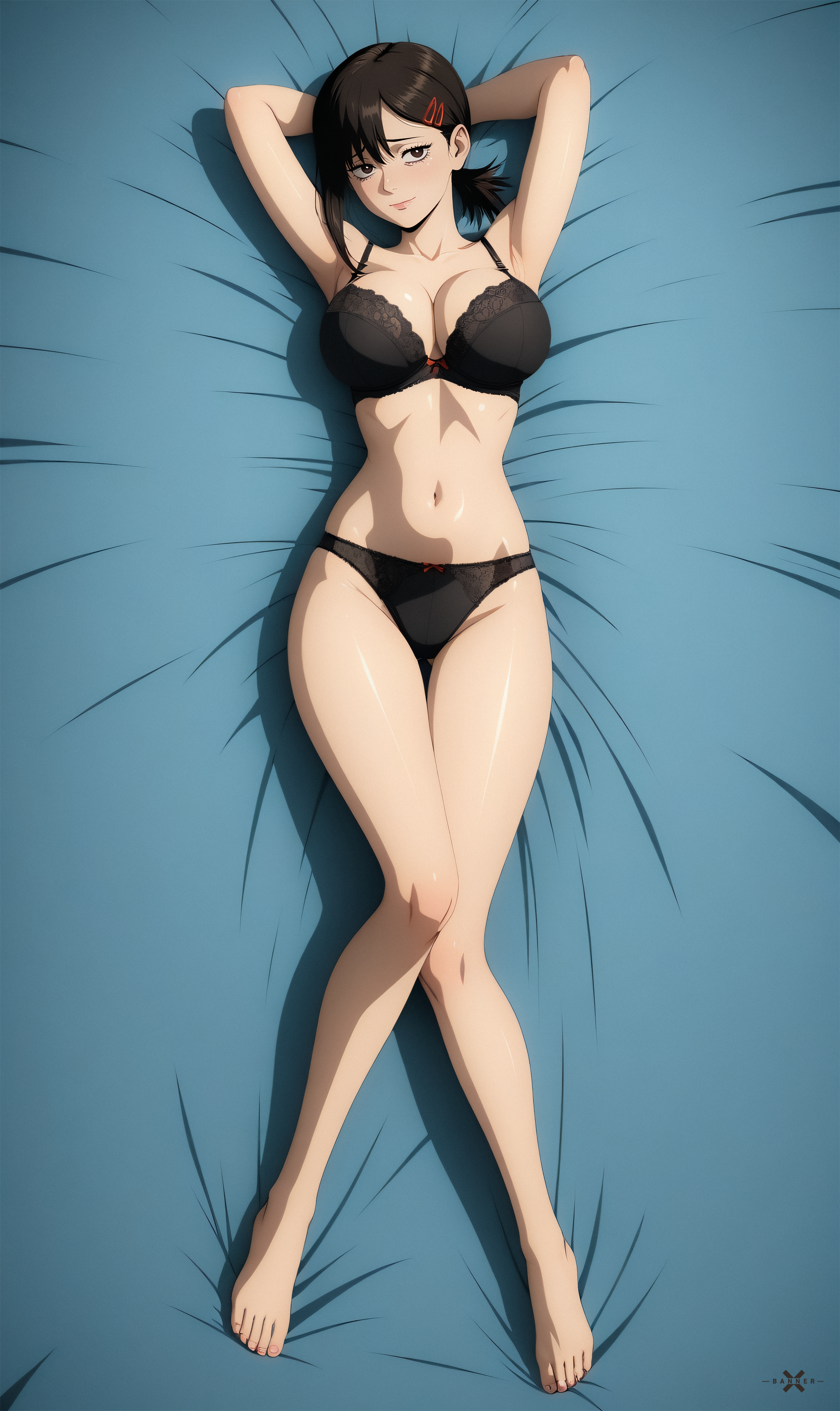 ai generated, bed, bra, breasts, chainsaw man, female, full body, higashiyama kobeni, kobeni higashiyama, large breasts, lxlbanner, panties