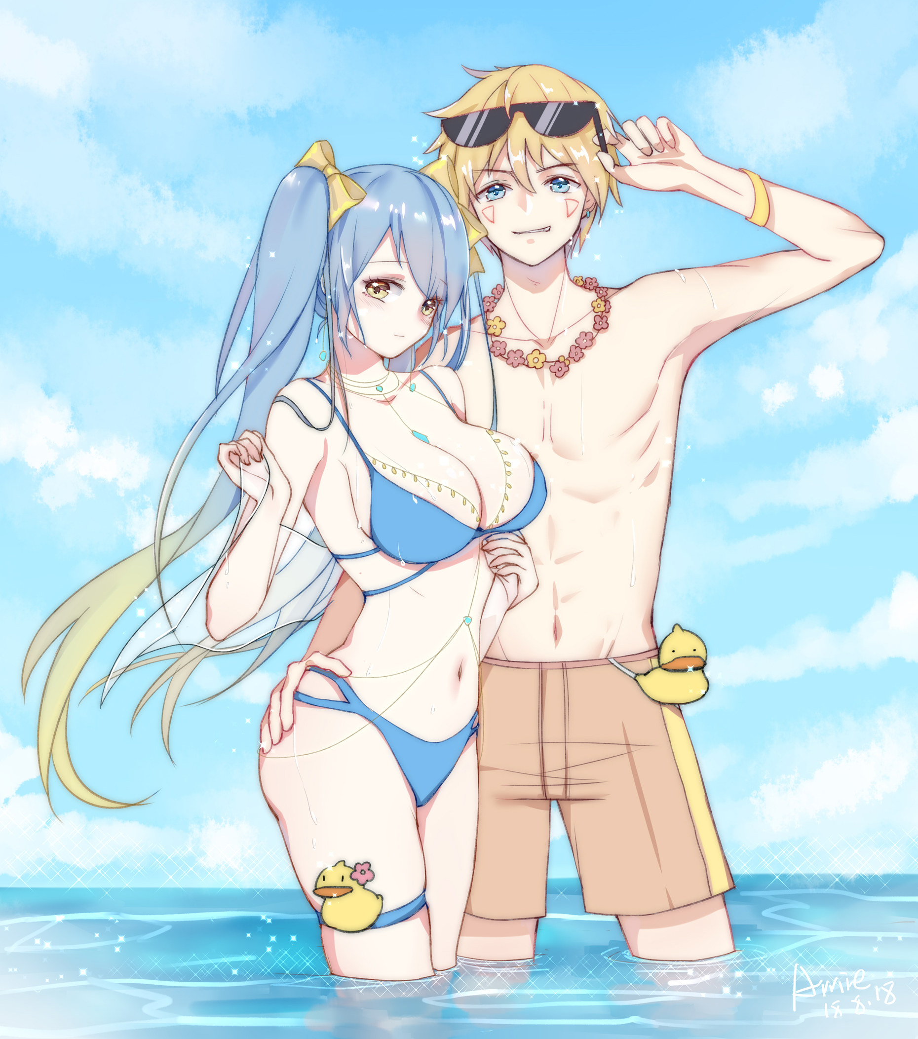 ass, ass grab, beach, big breasts, bikini, breasts, cleavage, ezreal, female, league of legends, male, sona buvelle, straight
