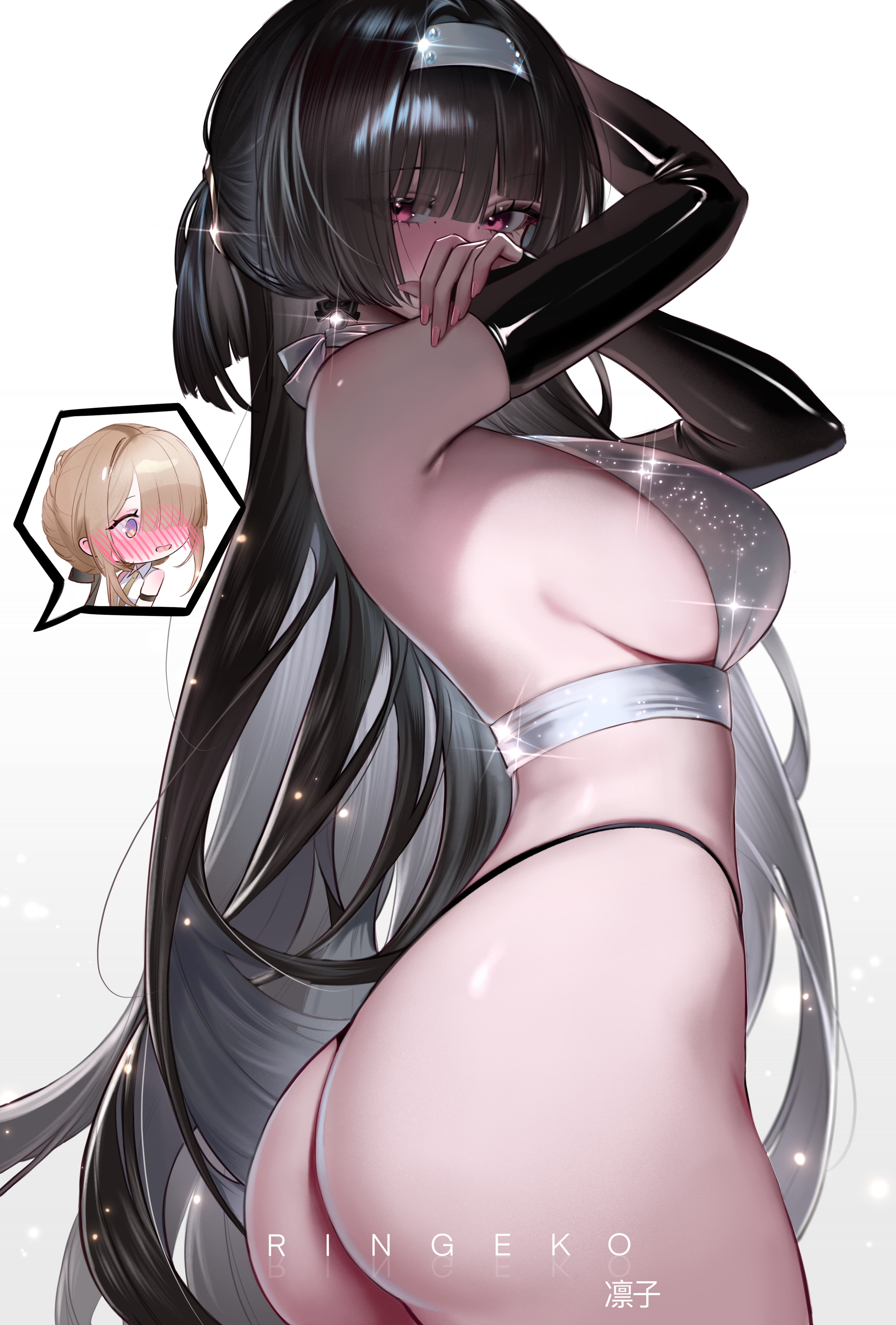 absurdres, alternate costume, arms up, ass, astra yao, bare shoulders, black elbow gloves, black gloves, black hair, black panties, black pants, blunt bangs, blush, breasts, clothes pull, covered mouth, cowboy shot, earrings, elbow gloves, evelyn chevalier, female, flustered, from side, full-face blush, gloves, hairband, highleg, highleg panties, highres, jewelry, large breasts, long hair, looking at viewer, panties, pink eyes, ringeko chan, ringeko-chan, sideboob, simple background, solo, stars of lyra, thong, underwear, very long hair, white background, white hairband, zenless zone zero