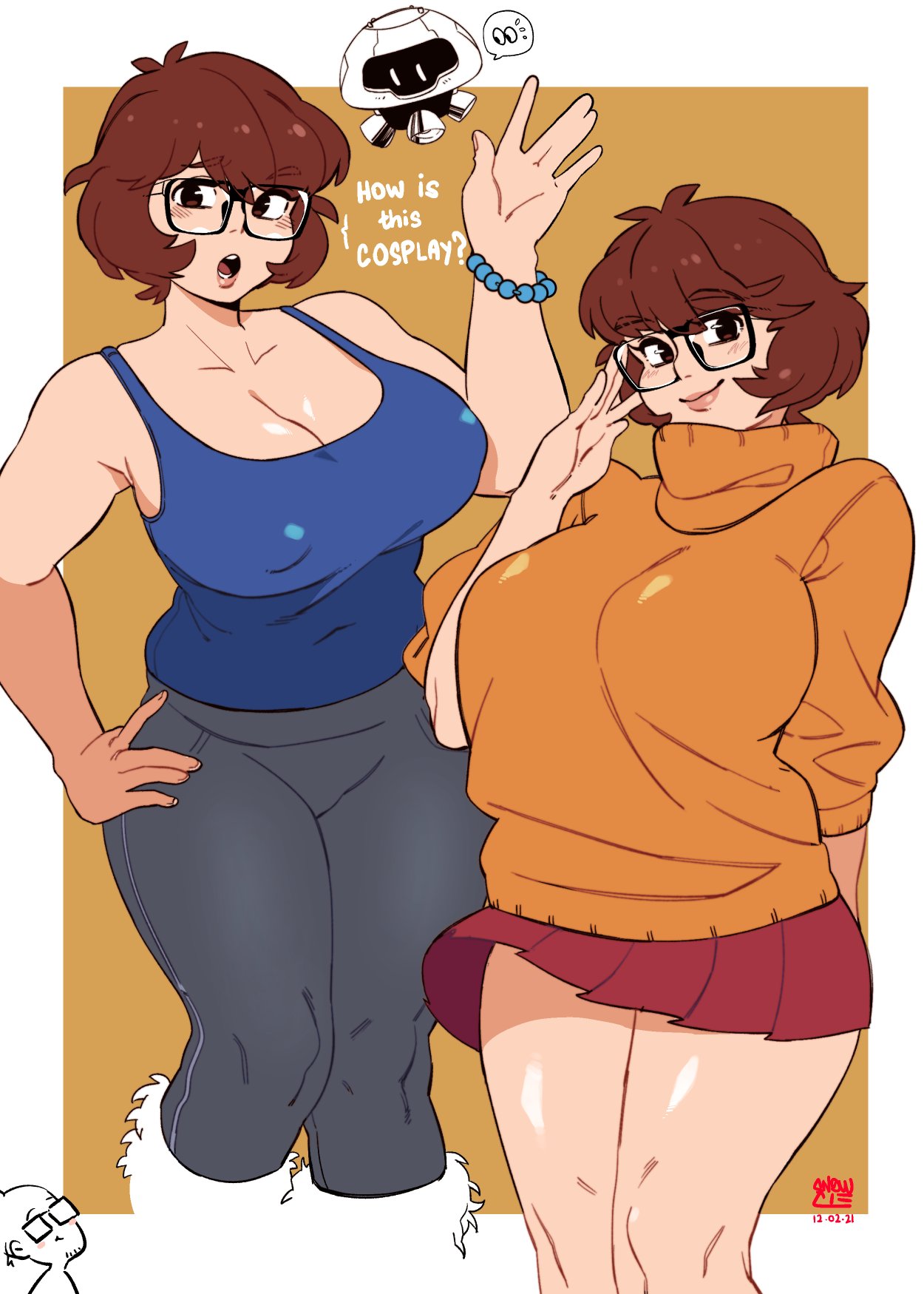 1boy, artist self-insert, breasts, brown hair, cleavage, commentary, cosplay, covered erect nipples, covered navel, english commentary, english text, female, glasses, highres, large breasts, look-alike, looking down, male, mei (overwatch) (cosplay), miniskirt, multiple views, orange sweater, original, overwatch, overwatch 2, plump, red skirt, robot, scooby-doo, short hair, skirt, snowball (overwatch), snowcie, snowciel, snowciel (snowcie), sweater, tank top, velma dinkley (cosplay), waving, wind, wind lift