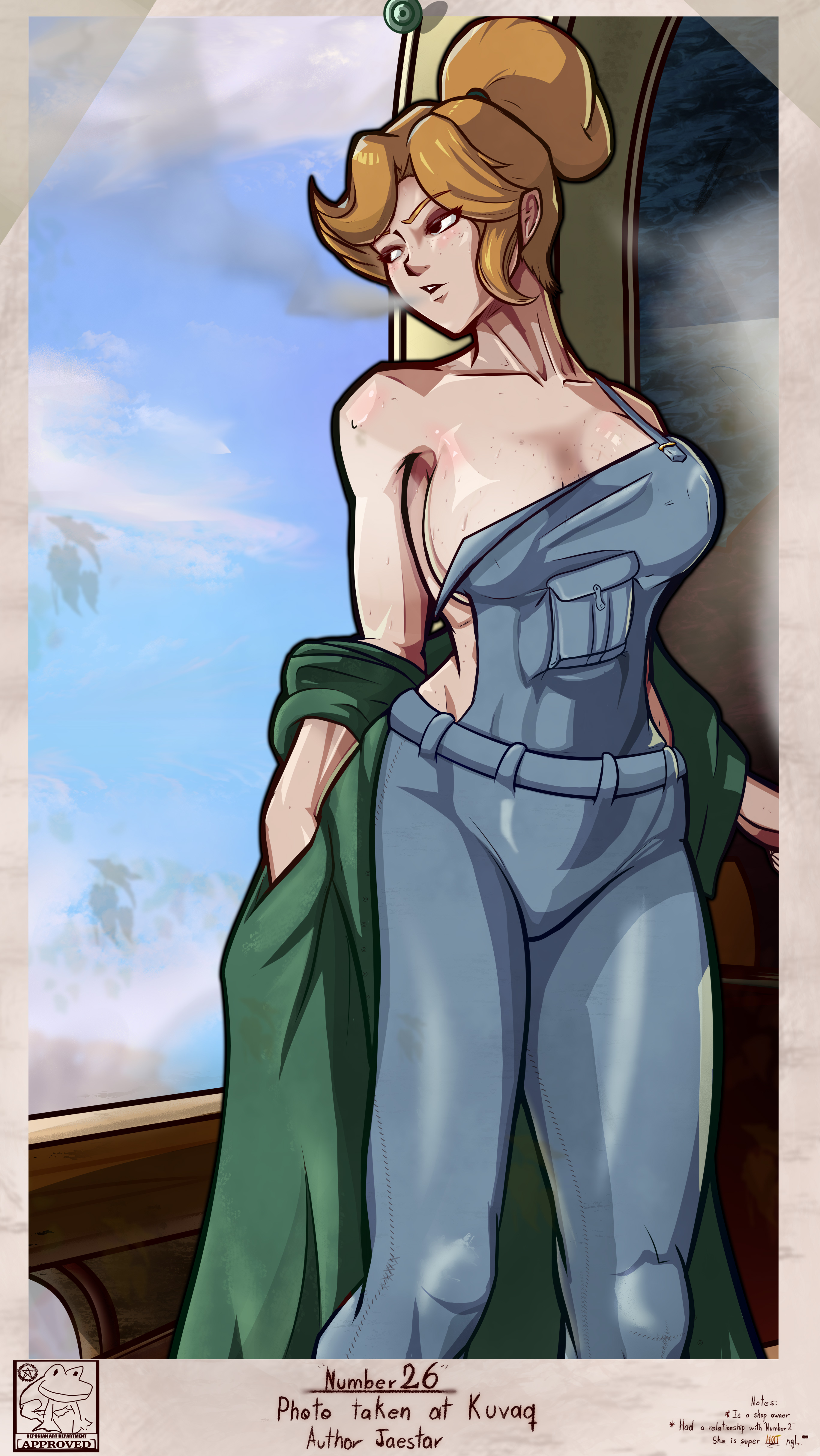 1girls, 2d, big breasts, breasts, deponia, female, freckles, freckles on breasts, freckles on face, ginger, ginger hair, hi res, jacket, jaestar, overalls, solo, taking off jacket, toni (deponia)