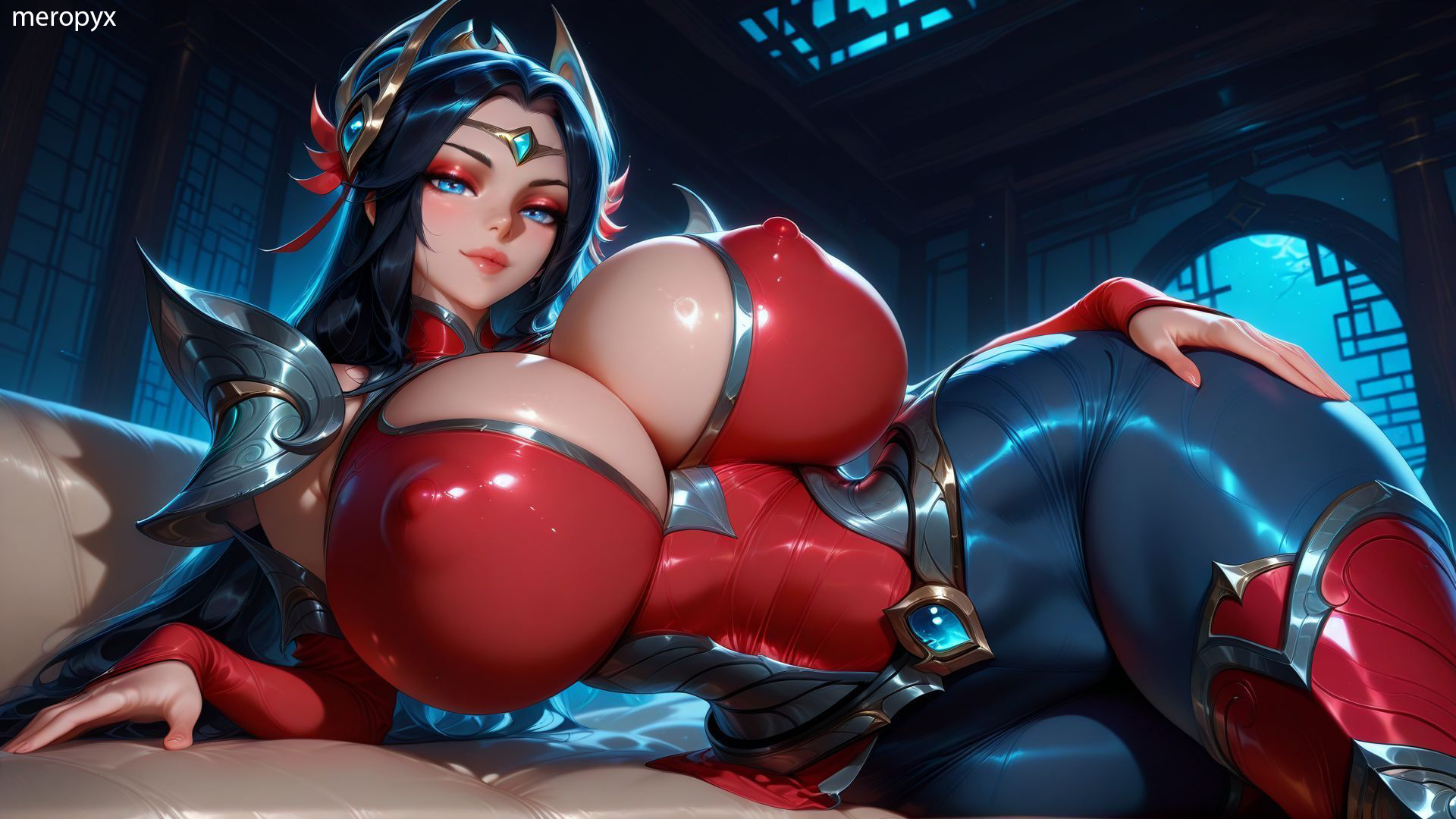 ai generated, black hair, blue eyes, breasts, erect nipples, female, female only, hair ornament, huge breasts, irelia xan, league of legends, long hair, looking at viewer, meropyx, nipples, solo, solo female, wide hips