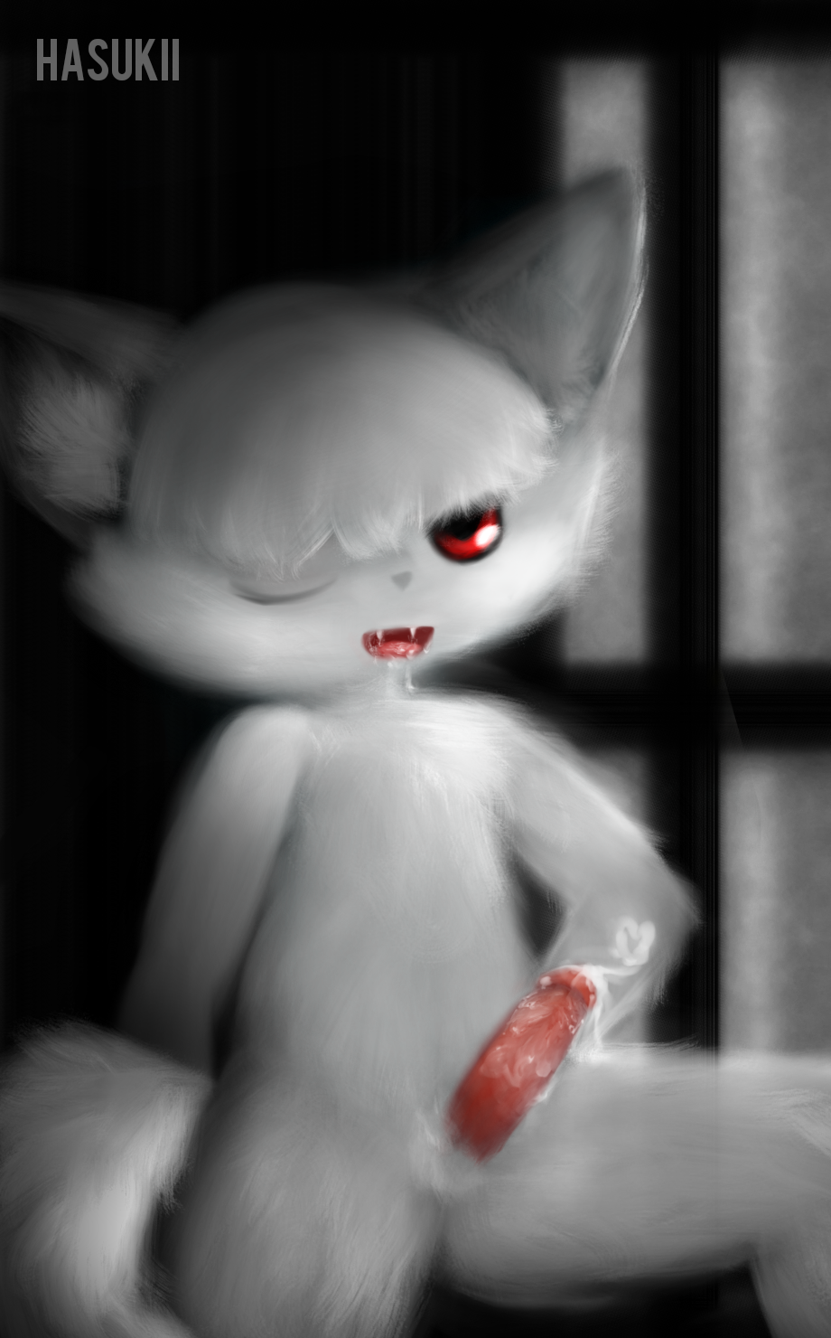 anthro canine cum cum_on_penis cute_fangs drooling fangs fur hasukii hi_res looking_at_viewer male mammal one_eye_closed open_mouth penis red_eyes rei_ivashkin saliva solo white_fur window