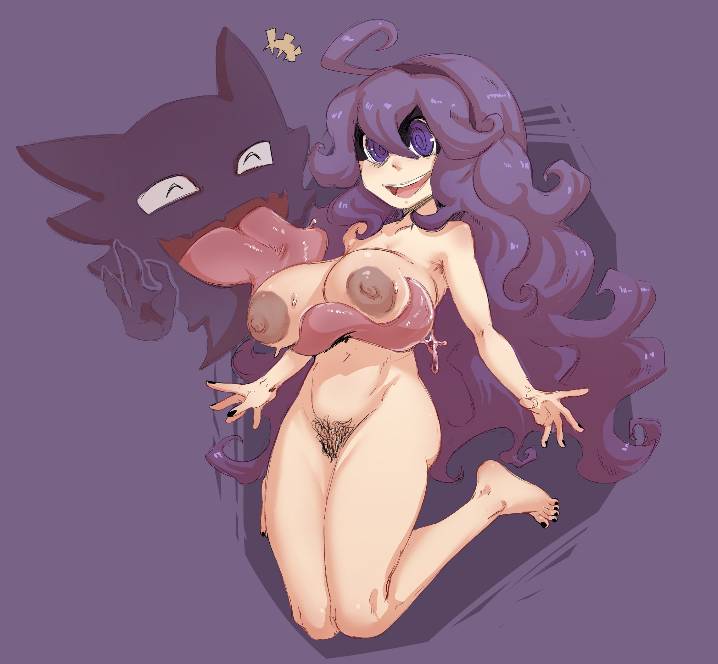1girls, 2d, 2d (artwork), areolae, bard-bot, big breasts, big nipples, black nails, breasts, completely nude, female, female pubic hair, haunter, hex maniac, licking breasts, long hair, long-haired female, nail polish, nipples, nude, nude female, pokemon, pokemon (species), pokephilia, pubes, pubic, pubic hair, purple eyes, purple hair, purple-haired female