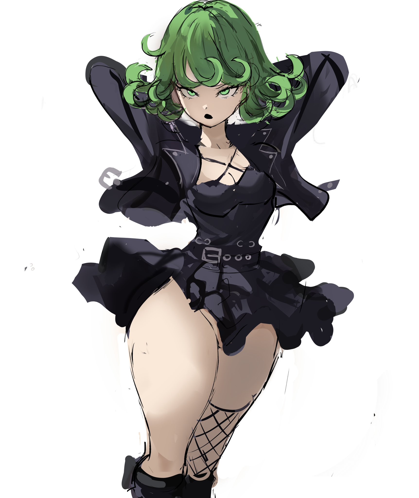 1girls, boots, breasts, dress, female, fishnets, goth, goth girl, green eyes, green hair, green-haired female, hi res, jacket, light skin, light-skinned female, one-punch man, rakeemspoon, short hair, simple background, skirt, tatsumaki, thighhighs