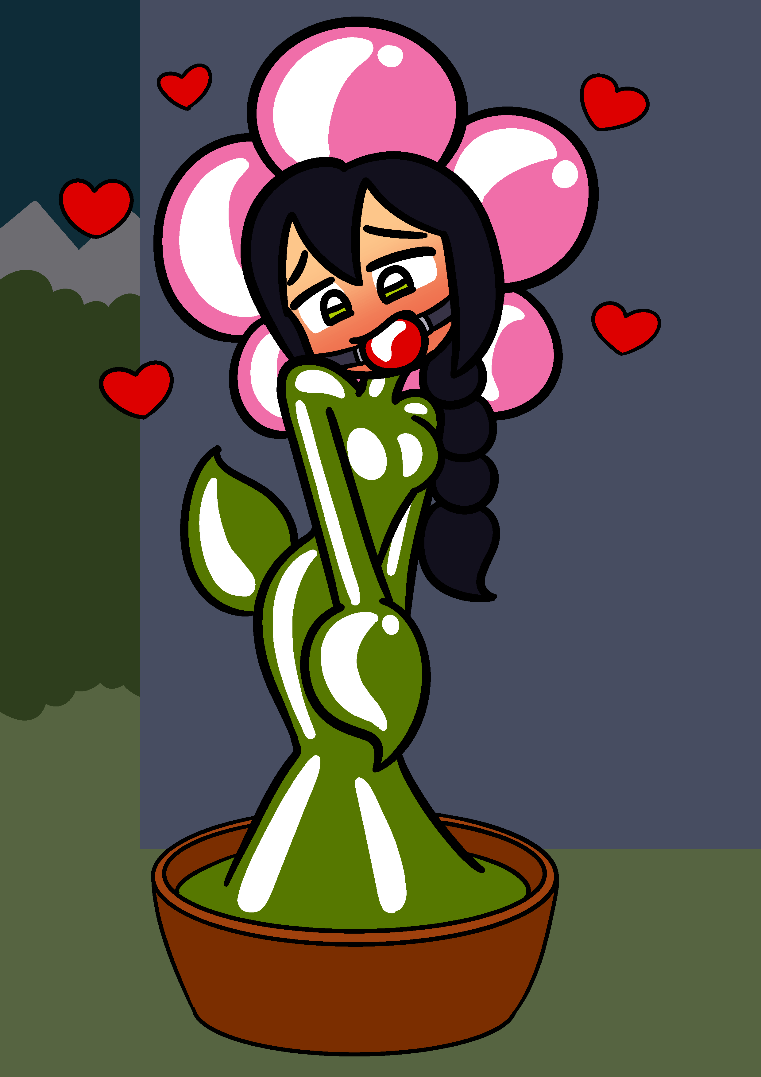 1girls 2017 alenonimo ball_gag ball_gagged black_hair blush costume female female_only flower gag gagged green_eyes hannah_(alenonimo) heart human human_only latex looking_down original plant_girl potted_plant tagme