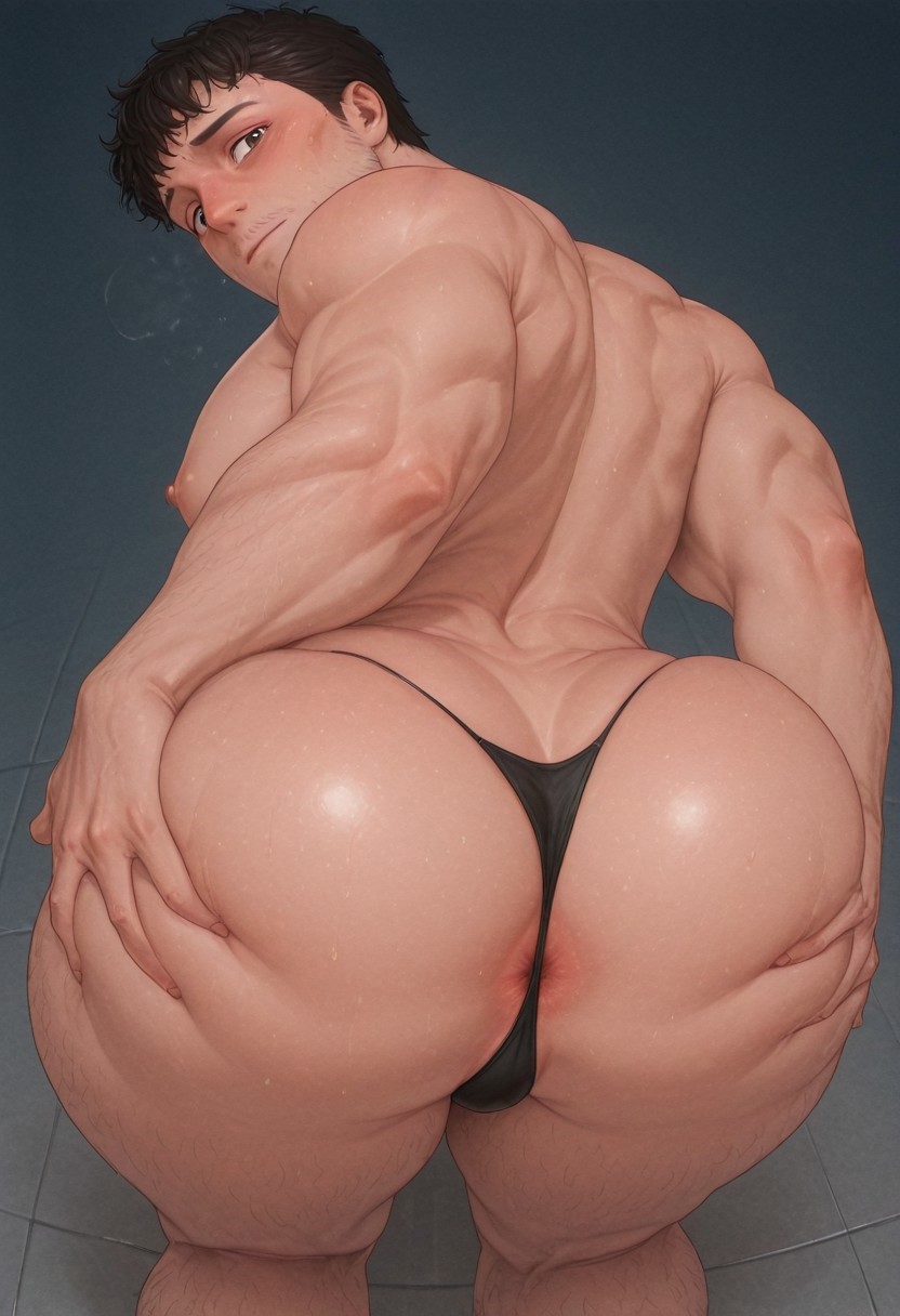 ai generated, anus behind thong, back view, bara, bara tits, big pecs, breasts, crossdressing, five nights at freddy's, five nights at freddy's (film), fnaf, gay, large pectorals, male, man boobs, man tits, mike schmidt, pecs, presenting anus, spread ass, spreading ass, spreading own ass, sweat, sweating, sweaty, thong, thong over anus, viewed from behind, yaoi