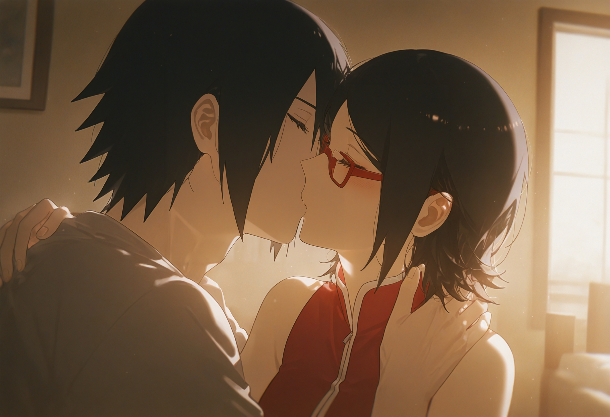 1boy, 1girls, 2d (artwork), 2d artwork, age difference, ai generated, black hair, boruto: naruto next generations, comic style, father and daughter, female, height difference, incest, kissing, male, male/female, naruto, naruto (series), sarada uchiha, sasuke uchiha, straight, teenage female, teenager