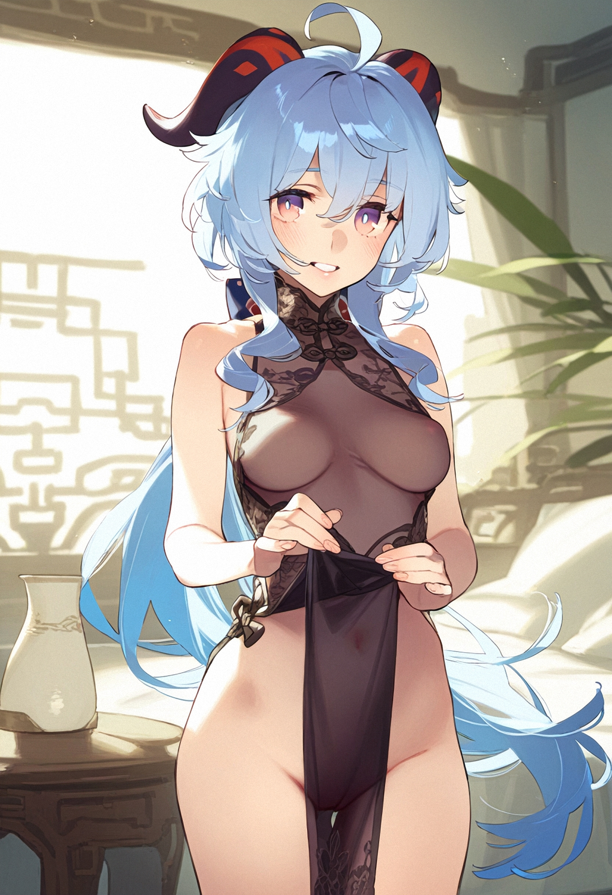 ai generated, aqua hair, backlighting, bed, bedroom, blush, china dress, chinese clothes, covered navel, covered nipples, dress lift, female, ganyu (genshin impact), genshin impact, horns, indoors, junichoon, lifted by self, long hair, no bra, no panties, revealing clothes, see-through, see-through clothing, smile, solo, very long hair