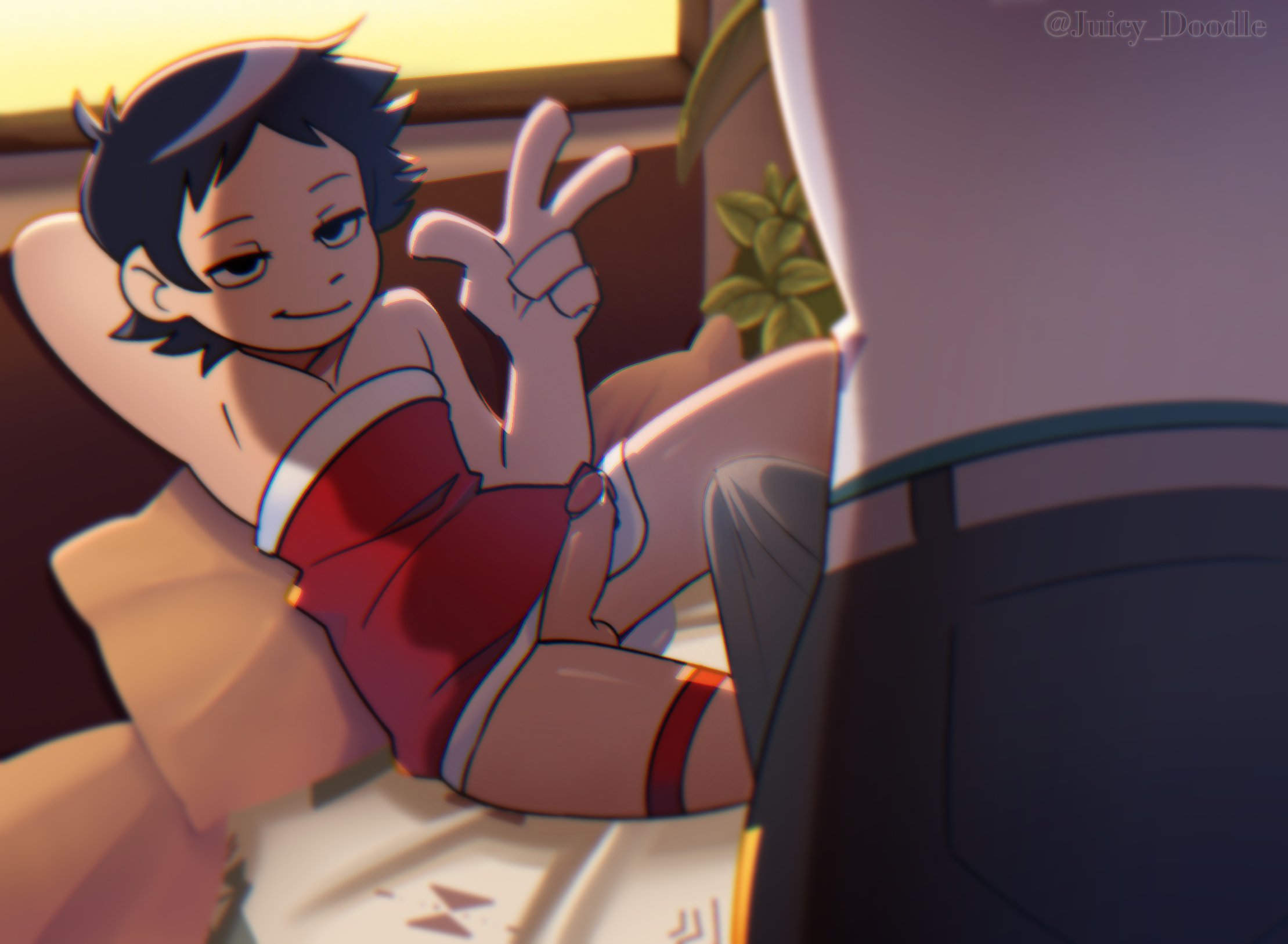2023, 2boys, 2d, 2d (artwork), accurate art style, alternate version at source, christmas, christmas outfit, erection under clothes, erection under pants, gay, juicydoodles, male, male only, on bed, peace sign, penis, penis out, precum, scott pilgrim, scott pilgrim takes off, skinny, todd ingram, wallace wells