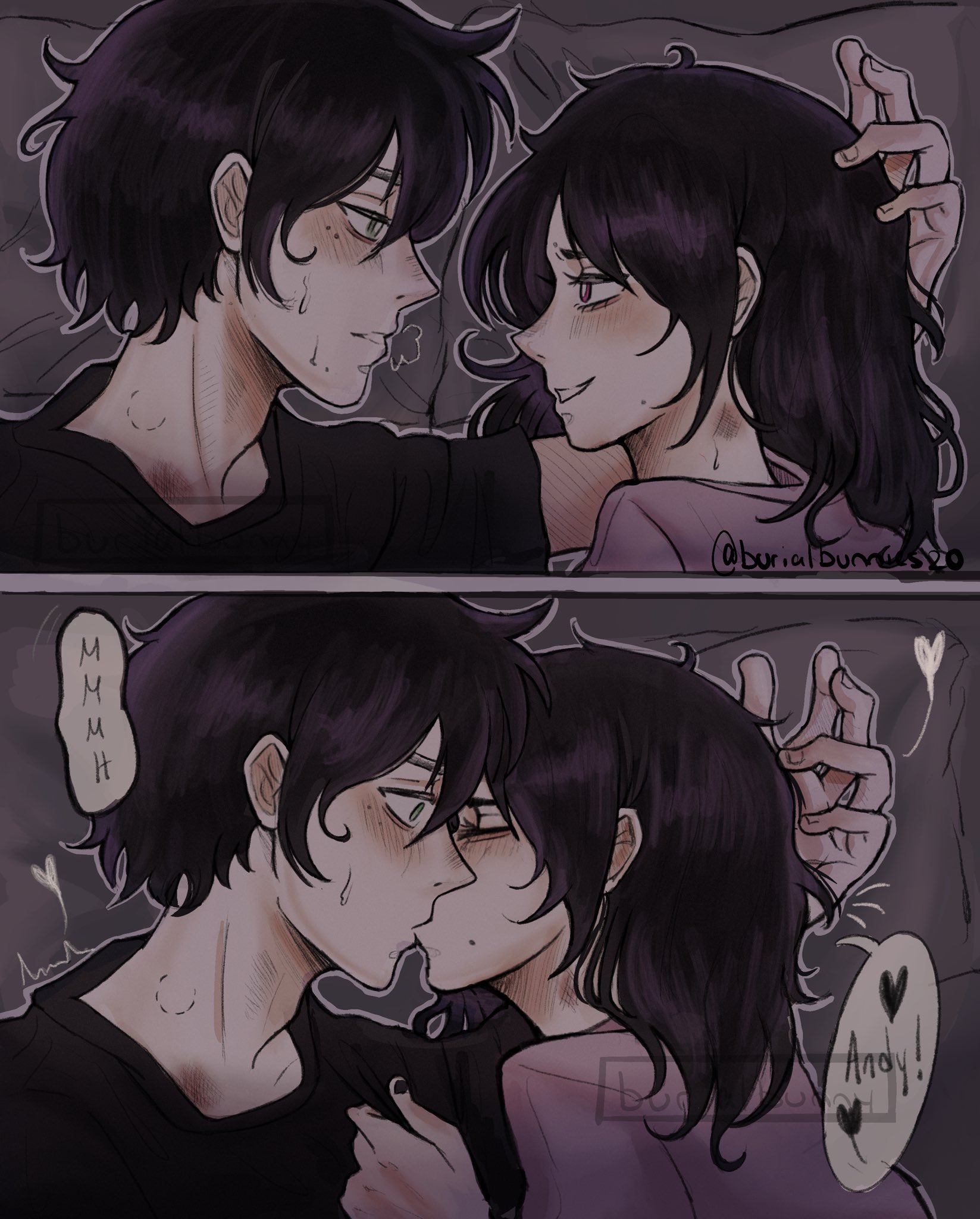 1boy, 1girls, 2d, andrew graves, ashley graves, brother and sister, burialbunny, clothed, consensual incest, consensual non consent, female, incest, kissing, male, male and female focus, pink eyes, straight, surprised, teenager, the coffin of andy and leyley