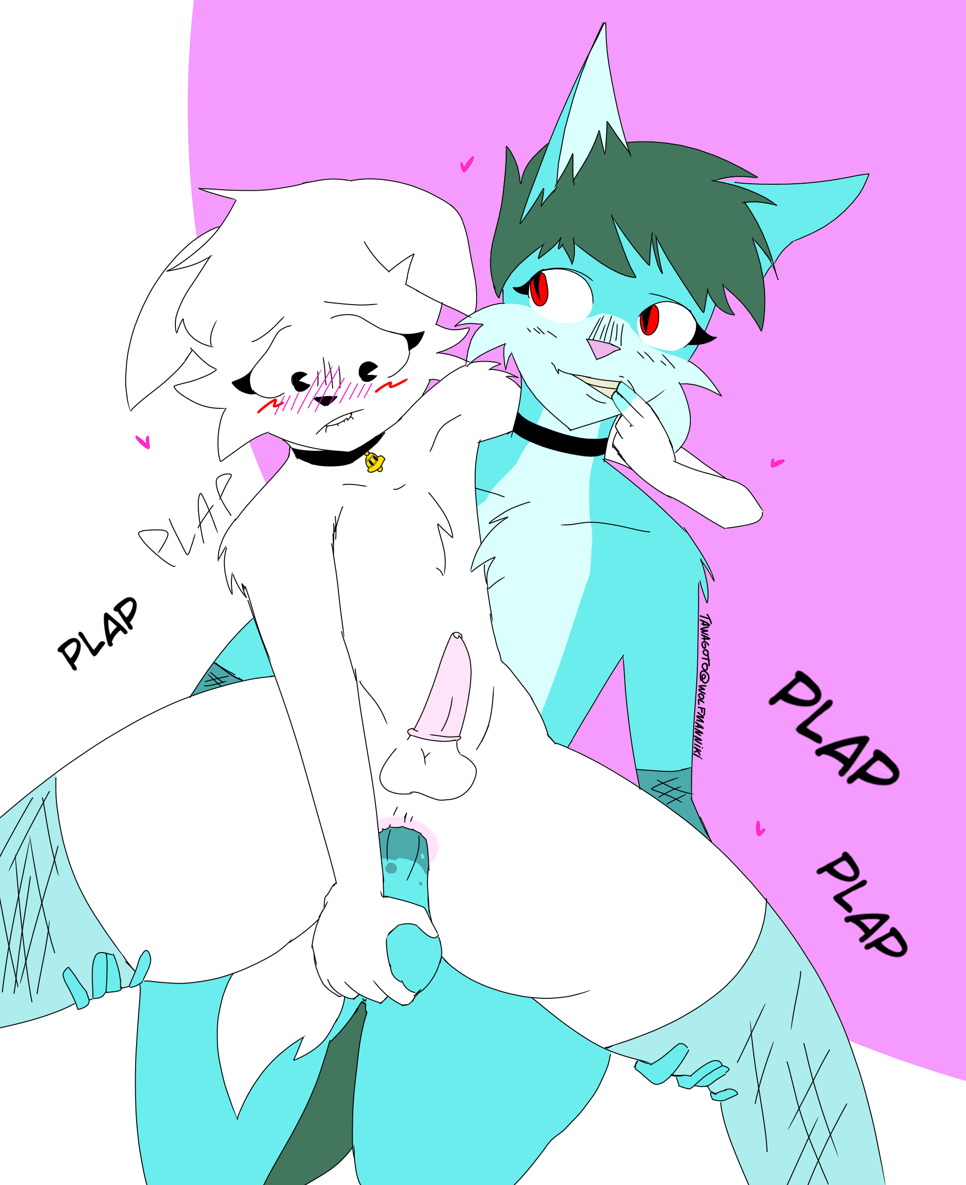 2boys, 2d, anal, anal penetration, anal sex, animal genitalia, animal penis, anthro, anthro male, balls, ballsack, biting, biting lip, biting own lip, black eyes, black nose, blue fur, boykisser, boykisser (meme), dominant male, femboy, femboy only, finger in mouth, fishnet armwear, fishnet legwear, fishnet stockings, fishnets, friends with benefits, furry, furry only, gay, gay sex, grabbing ass, grabbing penis, green hair, male, male only, male penetrated, male penetrating, male penetrating male, multiple boys, multiple males, new scout, nicolas wolfman, nikki (tawagoto), pacman eyes, penetration, penis, pink anus, pink background, pink nose, pink penis, precum, red eyes, saliva, sex, silly cat (mauzymice), tawagoto (probros), white fur, white hair