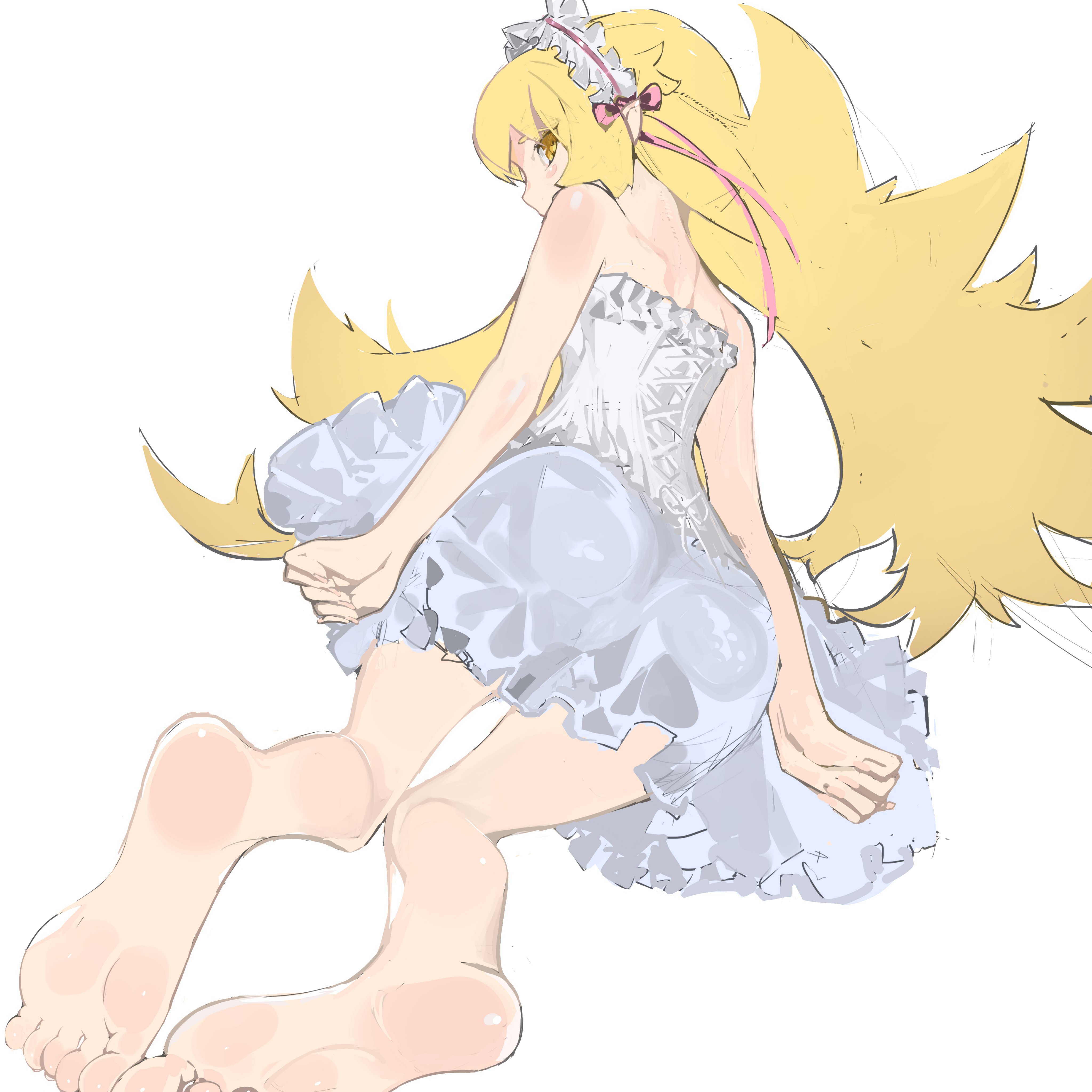 1girls, 2d, 2d (artwork), 2d artwork, ass, ass in dress, background, blonde hair, clothed, clothed female, feet, feet focus, female, female focus, light skin, light-skinned female, monogatari (series), oshino shinobu, pale skin, pale-skinned female, shishirui san, sole female, soles, solo, solo female, solo focus, white background, white dress, white skin, white skinned female
