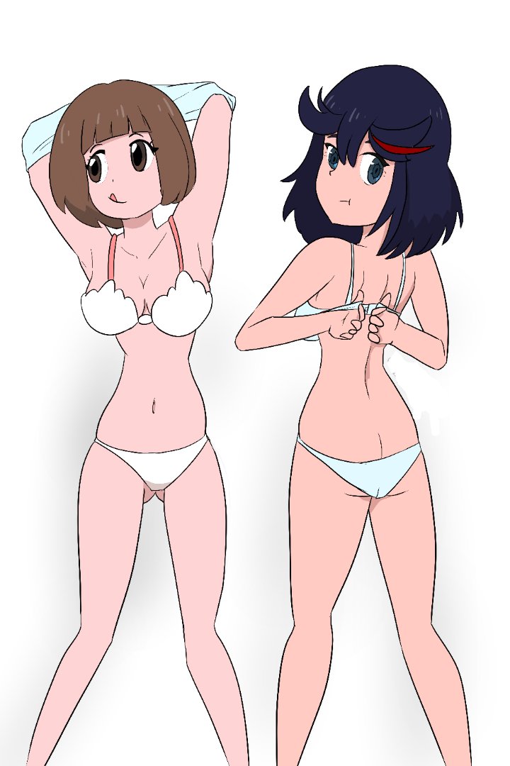 2d, 2girls, ass, ass cleavage, ass crack, big breasts, black hair, black-haired female, blue eyes, bra, breasts, brown eyes, brown hair, brown-haired female, butt crack, female, female only, hair streak, human, kill la kill, looking at viewer, looking back, mankanshoku mako, matoi ryuuko, multiple females, multiple girls, panties, pout, red highlights, sexy, short hair, slender legs, studio trigger, tagme (artist), thighs, tomboy, tongue, tongue out, underwear, undressing, unknown artist, white background