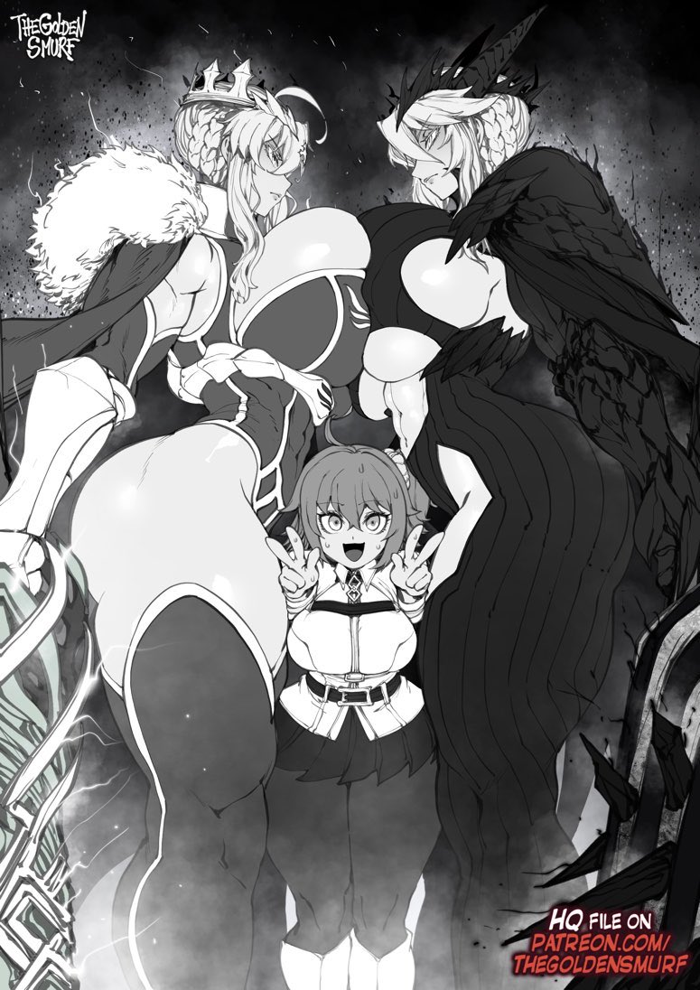 3girls, artoria pendragon, artoria pendragon (lancer alter), artoria pendragon (lancer), ass, breasts, fate (series), fate/grand order, female, female only, fujimaru ritsuka (female), huge ass, huge breasts, light-skinned female, looking at viewer, multiple females, multiple girls, peace sign, tagme, thegoldensmurf