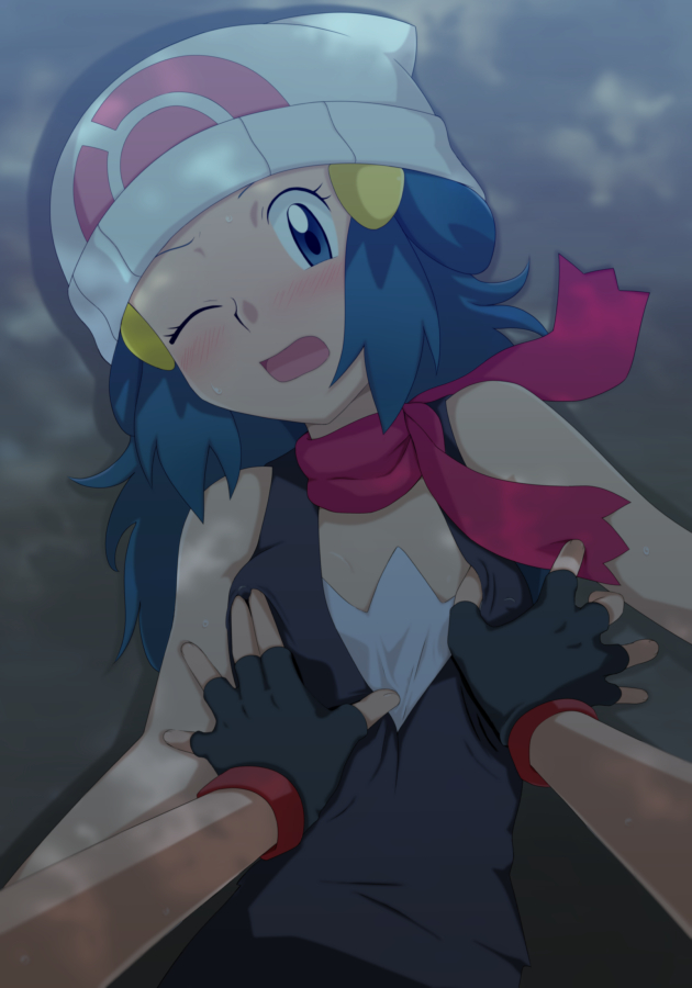 1boy, 1girls, blue eyes, blue hair, breast grab, breasts, clothed, dawn (pokemon), female, human, male, male pov, pokemon, pokemon dppt, pokemon rgby, pov, satoshi (pokemon), shirt, small breasts