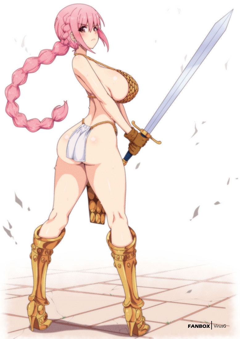 1girls, bikini armor, breasts, clothing, female, female only, high heels, huge breasts, one piece, pink hair, pink-haired female, rebecca (one piece), revealing armor, revealing clothes, skimpy clothes, solo, solo female, virus-g