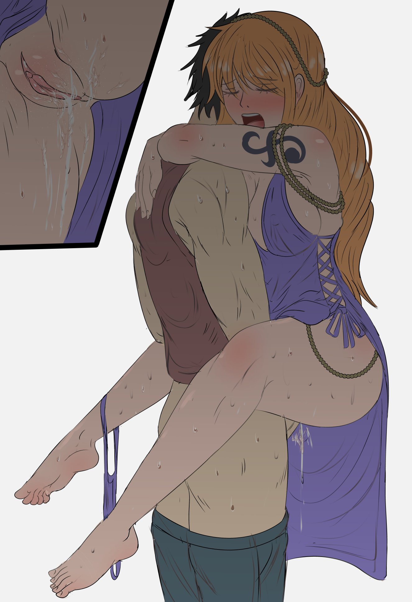 1boy, 1girls, arm tattoo, black hair, black-haired male, blue tattoo, blush, bottomless, breasts, clothing, cum in pussy, dress, female, fuzzlogik, long hair, male, moaning, monkey d luffy, monkey d. luffy, nami (one piece), nami (one piece) (zou), one piece, one piece: zou arc, open mouth, orange hair, orange-haired female, penis, penis in pussy, penis out, purple dress, pussy, pussy juice, sex, short hair, shorts down, stand and carry position, standing, standing sex, sweat, tagme, tattoo