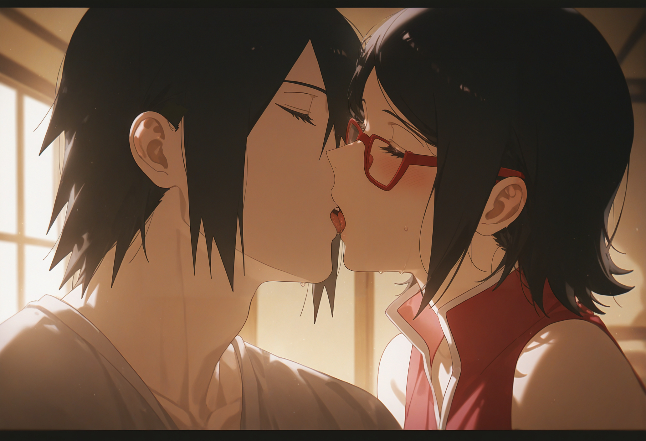 1boy, 1girls, 2d (artwork), 2d artwork, age difference, ai generated, black hair, boruto: naruto next generations, comic style, father and daughter, female, height difference, incest, kissing, male, male/female, naruto, naruto (series), sarada uchiha, sasuke uchiha, straight, teenage female, teenager