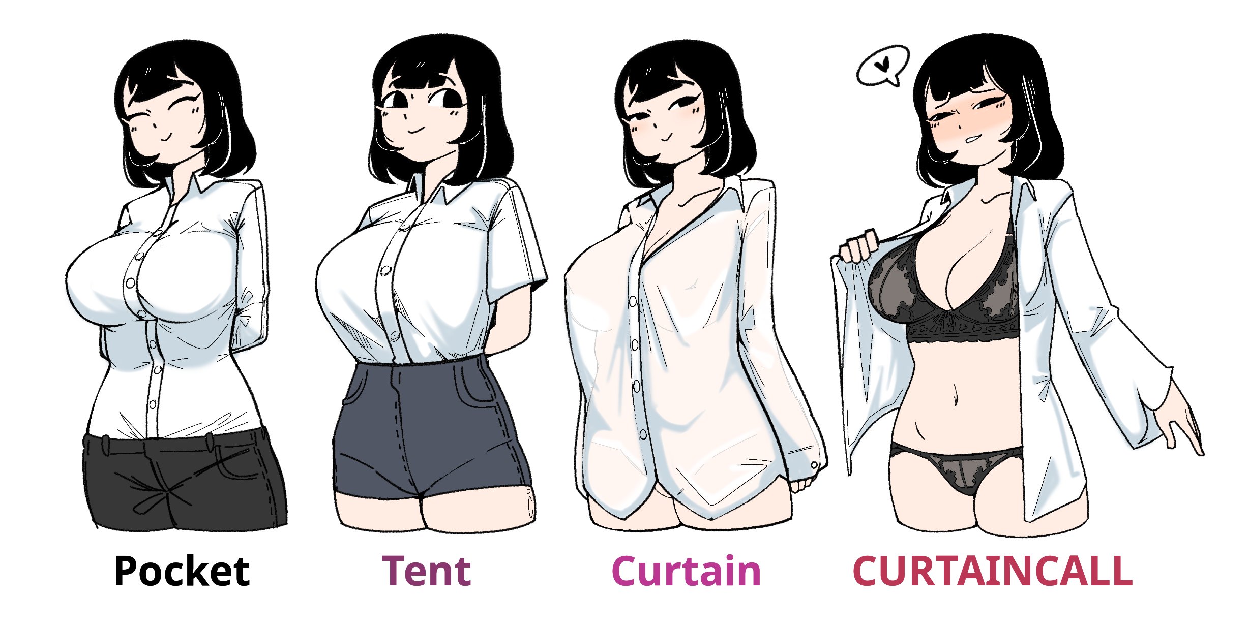 ^ ^, 2d, 2d (artwork), 2d artwork, arms behind back, black bra, black eyes, black hair, black panties, black pants, blouse, blush, bottomless, bra, breasts, cleavage, closed eyes, collared shirt, covered erect nipples, cowboy shot, cropped legs, curtain call challenge, curtain call challenge (meme), dress shirt, english text, female, half-closed eyes, heart, high-waist shorts, highres, large breasts, legs together, long hair, long sleeves, looking at viewer, medium hair, meme, multiple views, naked shirt, navel, no bra, open clothes, open shirt, opened by self, original, panties, pants, see-through clothes, see-through shirt, shirt, shirt tucked in, short shorts, short sleeves, shorts, simple background, sleeves past wrists, smile, speech bubble, spoken heart, standing, taut clothes, taut shirt, text, underwear, vvarstromig, white background, white shirt