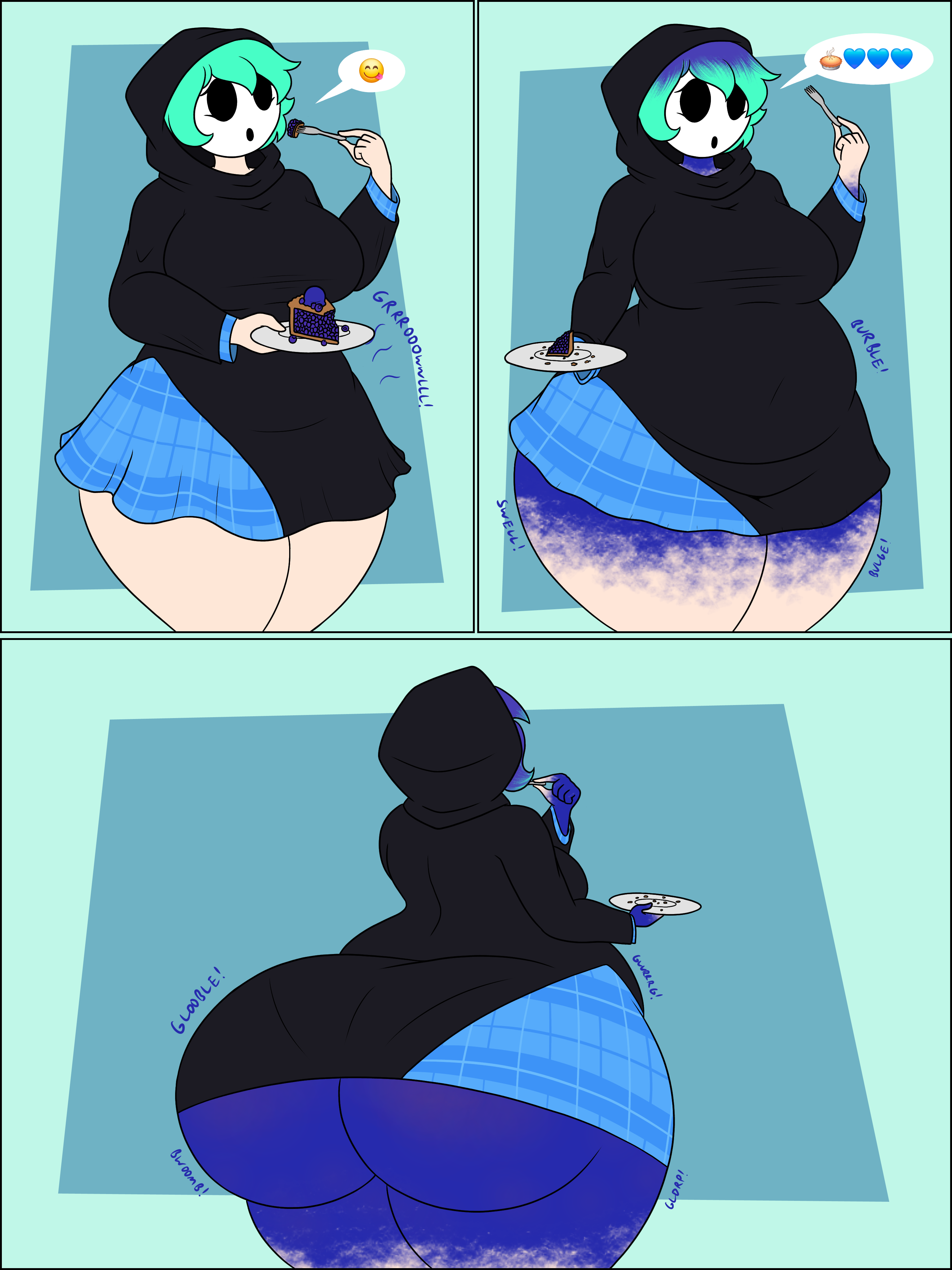 ass, ass expansion, bbw, belly expansion, big ass, big belly, big breasts, blue hair, blue skin, blueberry inflation, breast expansion, breast growth, breast growth (enlargement), breasts, bubble ass, bubble butt, drawing, eating, expansion, fat, fat ass, female, female only, green hair, huge ass, inflation, lj caffie, misha (shygal), sequence, shy gal, skin turning blue, ssbbw, tagme, thick thighs, weight gain, wide hips