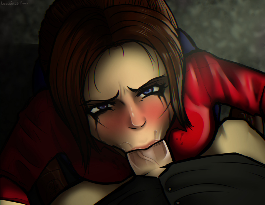 :>=, 1boy, 1girls, big penis, blowjob, blue eyes, brian irons, brown hair, capcom, claire redfield, clothing, erodrunky, fellatio, female, female penetrated, hair, lesseinsanimer, light skin, light-skinned female, light-skinned male, looking at viewer, looking up, makeup, male, male penetrating female, male pov, oral, oral sex, partial male, penis, pov, resident evil, resident evil 2, resident evil 2 remake, runny makeup, saliva, solo focus, straight, sucking, thick penis, veins, veiny penis, video games