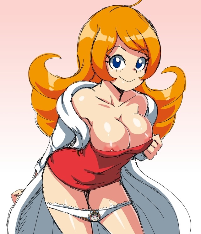 1girls, big breasts, blue eyes, breasts, cleavage, coat, eyebrows visible through hair, female, female only, human, lewdamone, long orange hair, looking at viewer, mario (series), mona (warioware), nintendo, orange hair, orange-haired female, panties, panties down, red dress, simple background, smile, solo, wario (series), warioware, white panties