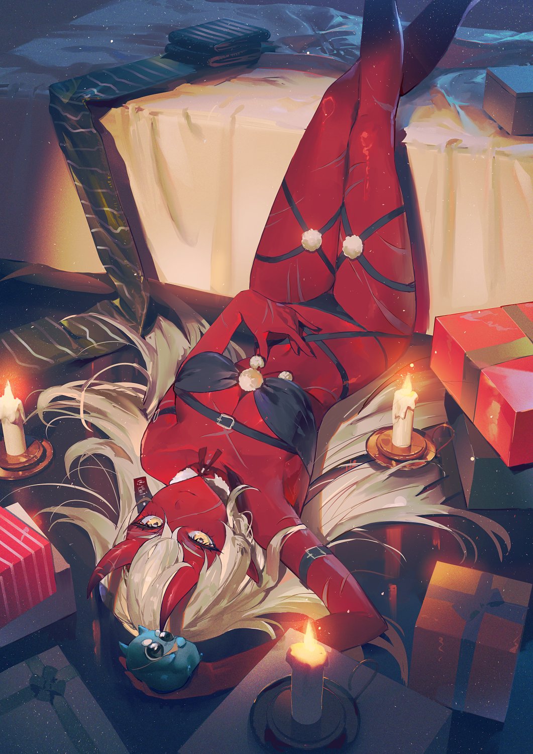 1girls 1other akumi christmas indoors laying_on_back oni oni_female oni_horns onifan_(yoclesh) red red-skinned_female red_skin scars virtual_youtuber vyugen white_hair yellow_eyes