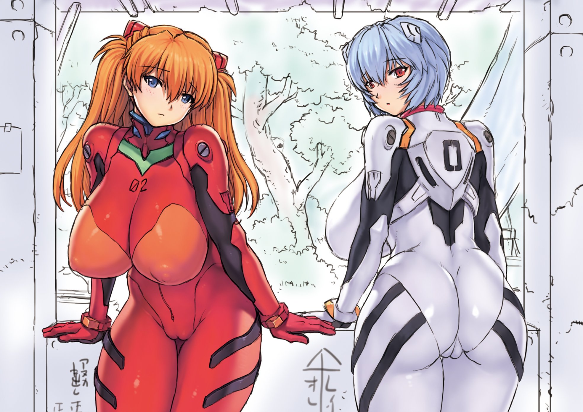 2girls, ass, asuka langley sohryu, backboob, big ass, big breasts, bimbo, blue hair, blush, bodysuit, breasts, clothing, curvy, duo, erect nipples, erect nipples under clothes, expressionless, female, female only, gainax, highres, huge ass, huge breasts, human, interface headset, large breasts, light skin, light-skinned female, long hair, looking at viewer, looking back, mogudan, multiple females, multiple girls, neon genesis evangelion, nipples, no bra, orange hair, pale skin, pale-skinned female, pilot suit, plugsuit, rei ayanami, shiny, shiny skin, short hair, thick thighs, tight clothing, voluptuous, wide hips