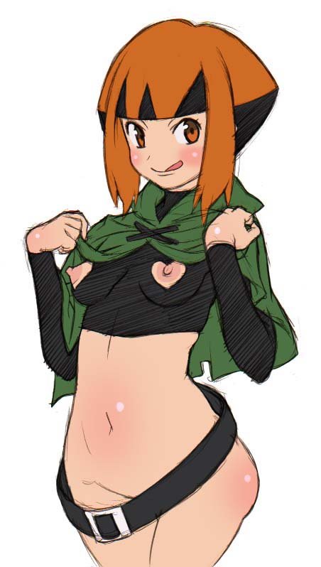 1girls :q areolae bangs belly belt belt_buckle black_belt blunt_bangs blush body_blush bottomless breasts buckle cape capelet closed_mouth clothing_cutout commentary_request convenient_censoring convenient_censorship covered_pussy cowboy_shot crop_top cross-laced_clothes crossed_legs erect_nipples female gardenia_(pokemon) green_capelet gym_leader hands_up heart_cutout hood hood_down hooded_capelet human kei_(bekei) licking_lips lifted_by_self long_sleeves looking_at_viewer loose_belt multicolored_hair navel nintendo nippleless_clothes nipples orange_eyes orange_hair pokemon pokemon_dppt shirt short_hair sidelocks simple_background sketch small_breasts smile solo thigh_gap tongue tongue_out turtleneck two-tone_hair white_background