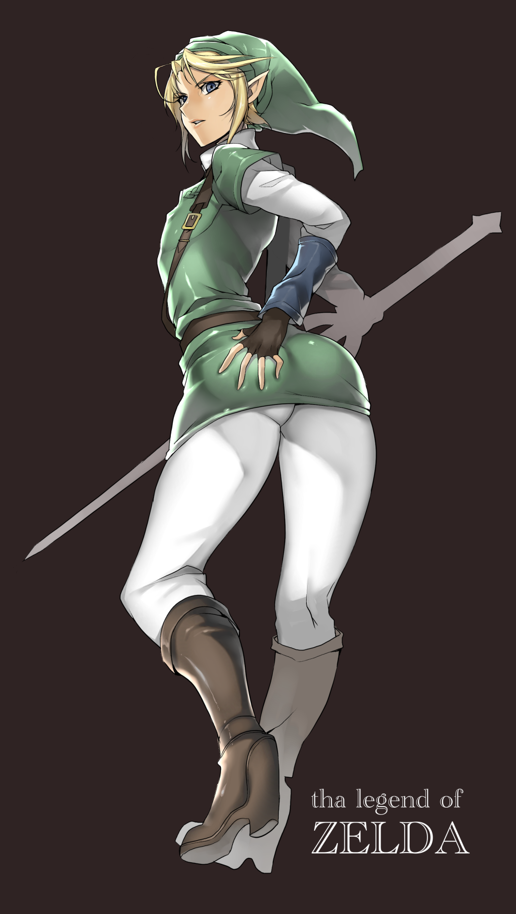 1boy ass belt blonde_hair blue_eyes boots brown_background copyright_name english_text femboy fingerless_gloves girly gloves hat highres legs link looking_back male male_only nintendo open_mouth parted_lips pointy_ears simple_background solo sword text the_legend_of_zelda trap wadani_hitonori weapon