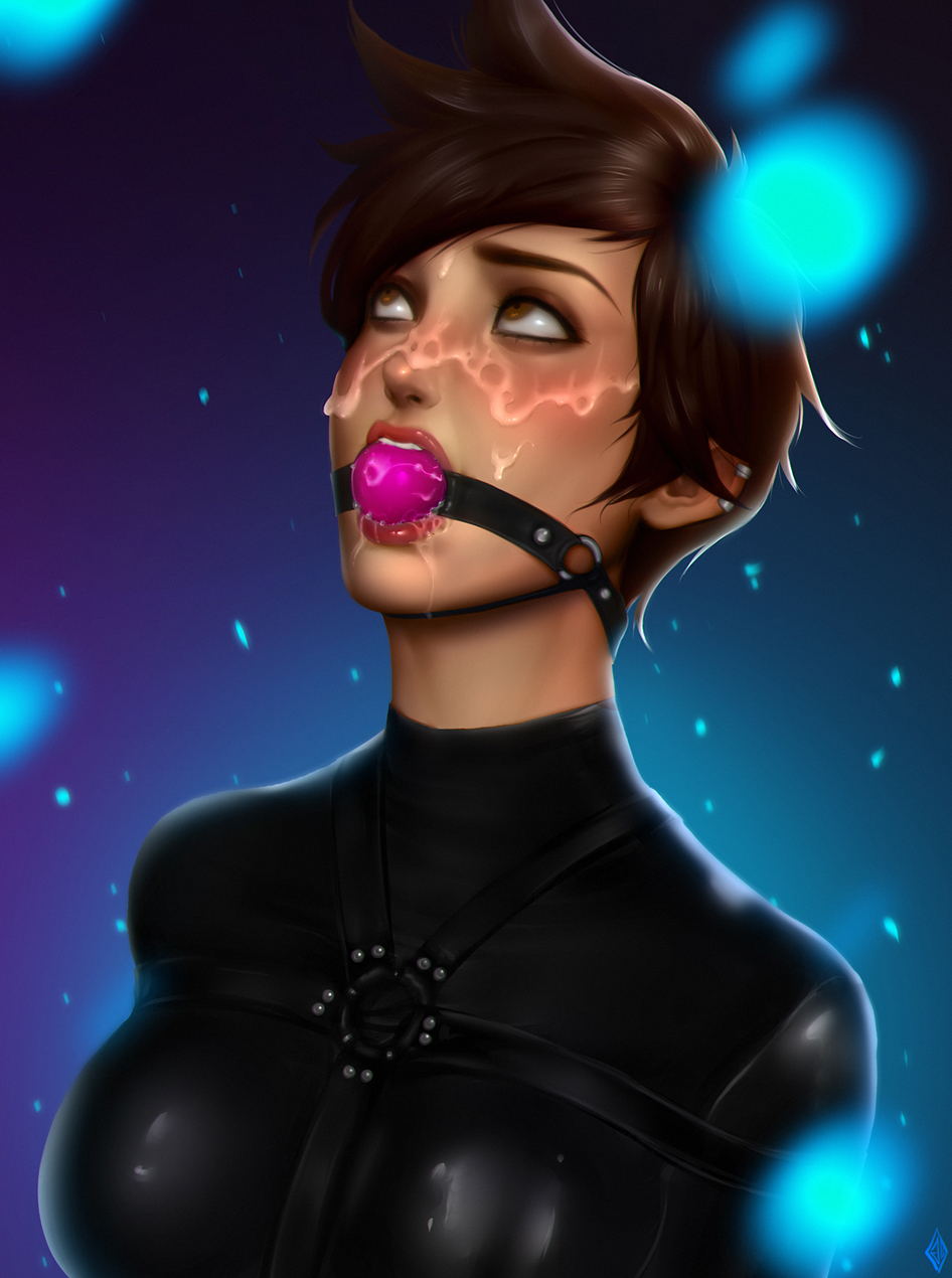 1girls, ball gag, blizzard entertainment, bondage, bound, breasts, brown eyes, brown hair, brunette, busty, cum, cum on face, female, female only, femsub, gag, gagged, huge breasts, large breasts, latex, looking up, overwatch, pink ball gag, ravanus, red lips, restrained, saliva, short hair, solo, thick lips, tracer