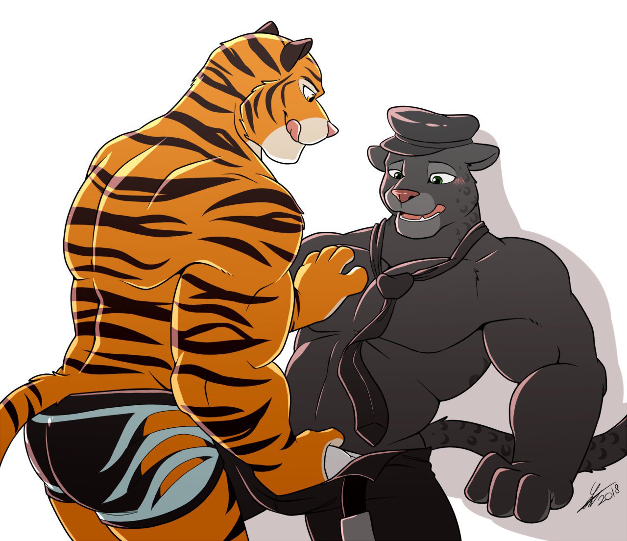 2018 anthro biceps black_panther clothed clothing digital_media_(artwork) disney feline fur greydaboy group hat hi_res male male_only mammal muscular muscular_male panther pecs renato_manchas shorts striped_fur stripes tiger tiger_dancer_(zootopia) topless undressing yaoi zootopia zootopia_shorts