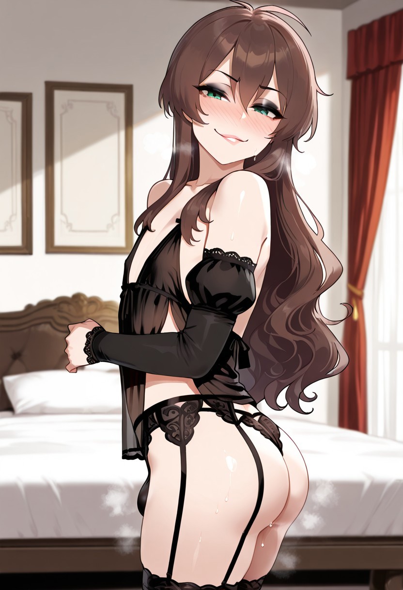 1boy, 1femboy, 2025, ai generated, alternate version available, ass, bed, bed sheet, bedroom, big ass, black lingerie, black panties, black underwear, blush, brown hair, crossdressing, day, daytime, femboy, feminine male, girly, green eyes, indoors, kono subarashii sekai ni shukufuku wo!, lingerie, looking at viewer, male, male only, nelethos, nipples, panties, satou kazuma, solo, sweat, sweatdrop, trap, underwear