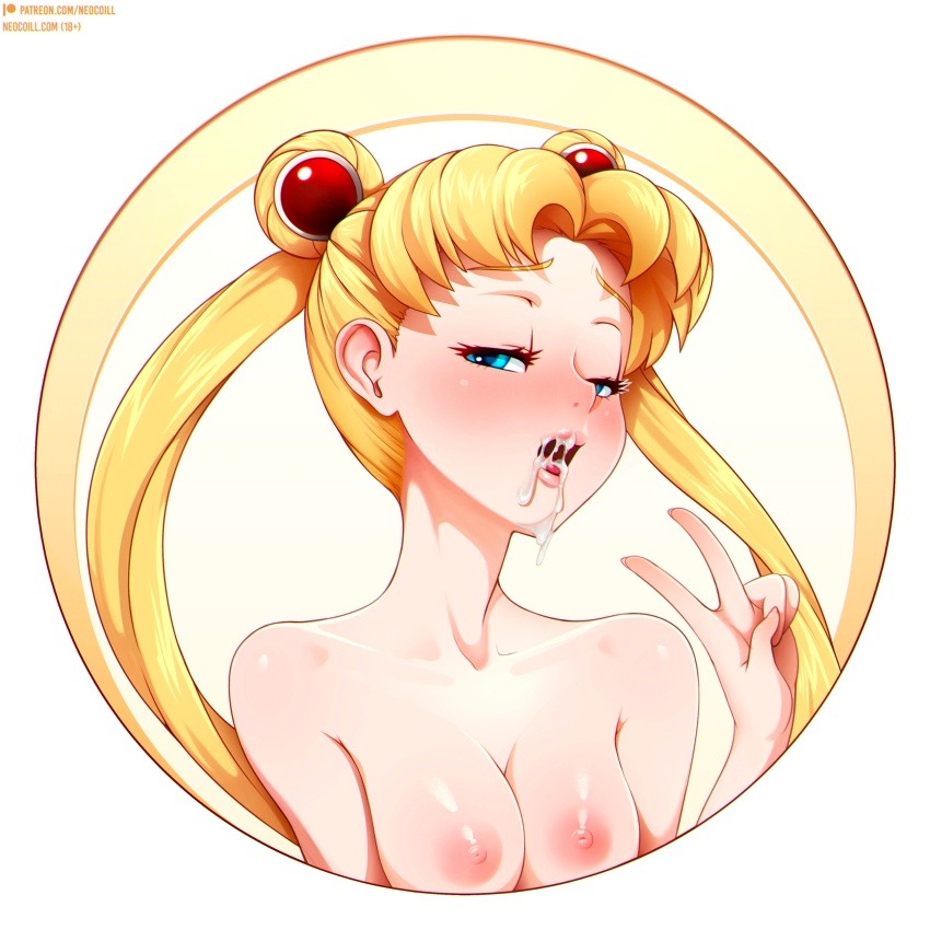 1girls, after fellatio, after oral, areolae, artist name, bangs, bishoujo senshi sailor moon, blonde hair, blue eyes, blush, breasts, cum, cum in mouth, cum inside, female, female focus, female only, long hair, looking at viewer, medium breasts, neocoill, nipples, open mouth, parted bangs, parted lips, sailor moon, saliva, solo, twintails, uncensored, usagi tsukino, v, very long hair, watermark, web address
