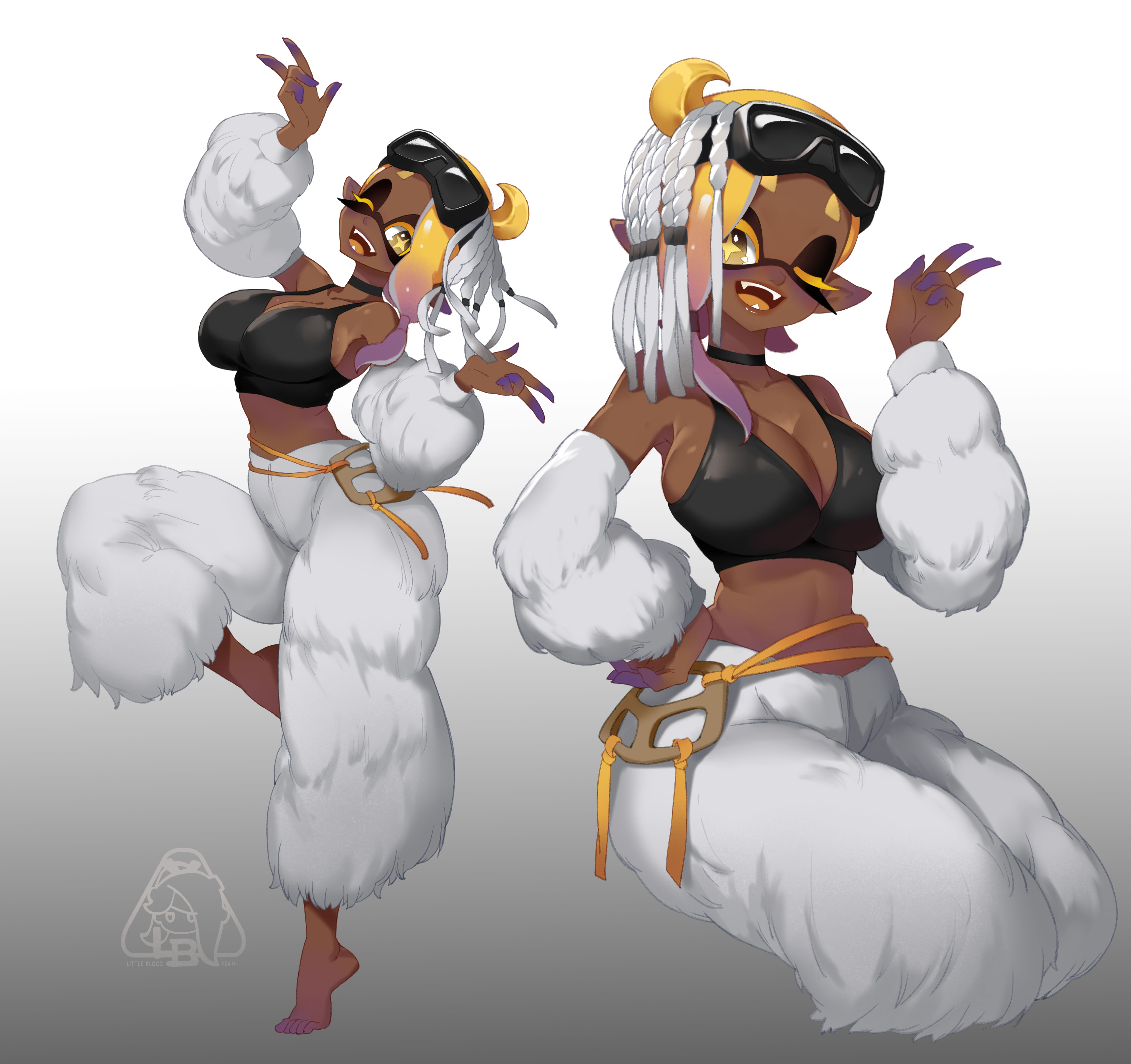 1girls, barefoot, breasts, cleavage, female, frye (splatoon), large breasts, little blood, looking at viewer, nintendo, one eye closed, open mouth, sitting, splatoon, splatoon (series), splatoon 3, tentacle hair, v, wink, yellow eyes, yellow hair