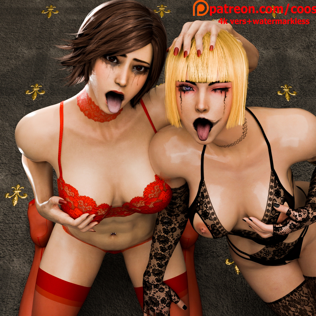 3d, asking for it, belly piercing, black lingerie, black lipstick, black nails, blender, blonde hair, brown hair, choker, coos, duo female, emilie de rochefort, female, holding head, kazama asuka, kneeling, lingerie, lipstick smear, long hair, long nails, muscular, muscular female, red lingerie, red lipstick, red nails, runny makeup, runny mascara, short hair, sweaty body, tekken, tekken 8, tongue, tongue out, wet body, winking at viewer
