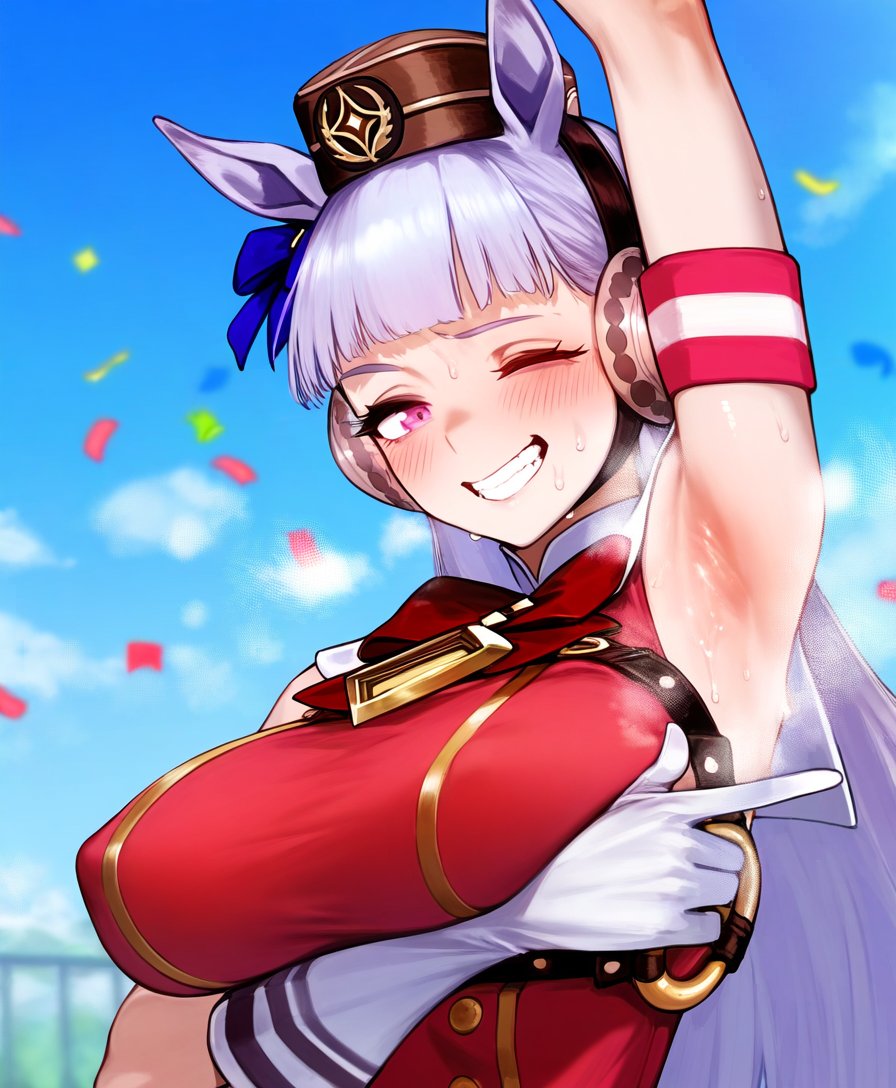 1girls, ai generated, animal ears, anthropomorphization, arm up, armpit fetish, armpit focus, armpits, blush, breasts, female, gold ship (umamusume), large breasts, legs, long hair, outdoors, solo, tagme, umamusume, umamusume pretty derby, upper body, young