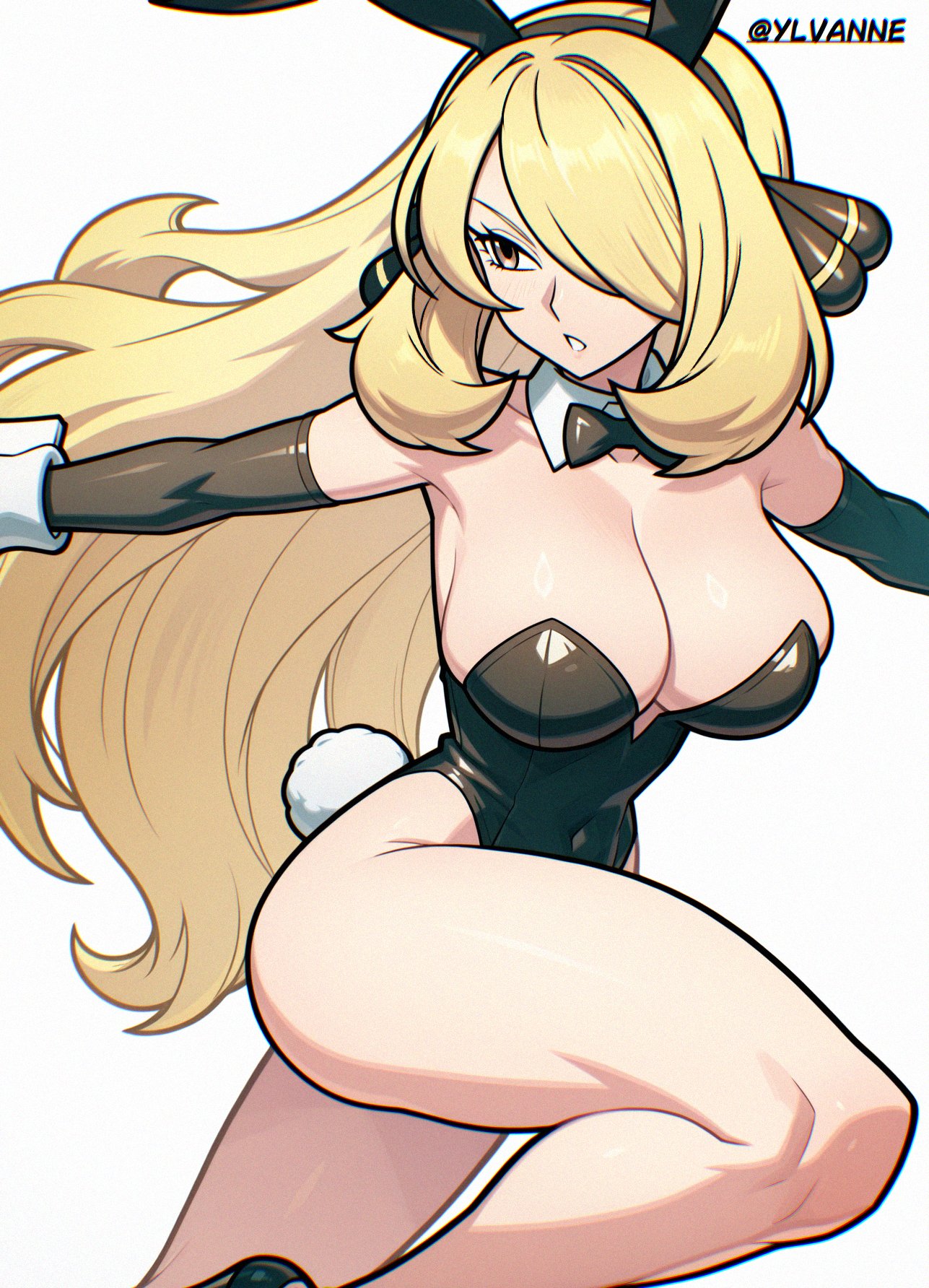 1girls, ai generated, big breasts, blonde female, breasts, bunnysuit, cynthia (pokemon), female, pokemon, solo, ylvanne