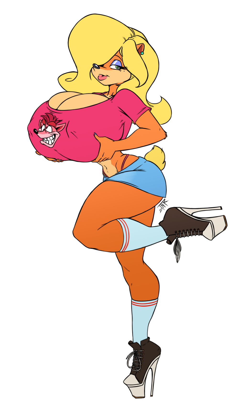 anthro bandicoot beauty_mark bedroom_eyes big_breasts bimbo blonde_hair breast_implants breasts cleavage clothed clothing crash_(series) ear_piercing erect_nipples eyebrows eyelashes eyeshadow female footwear fur hair hair_over_eye half-closed_eyes hand_on_breast high_heel_sneakers high_heels huge_breasts legwear lipstick makeup mammal marsupial navel nipples orange_fur panties piercing platform_footwear platform_heels raised_leg seductive shirt shoes shorts socks solo tawna_bandicoot teer thin_waist underwear video_games voluptuous wide_hips