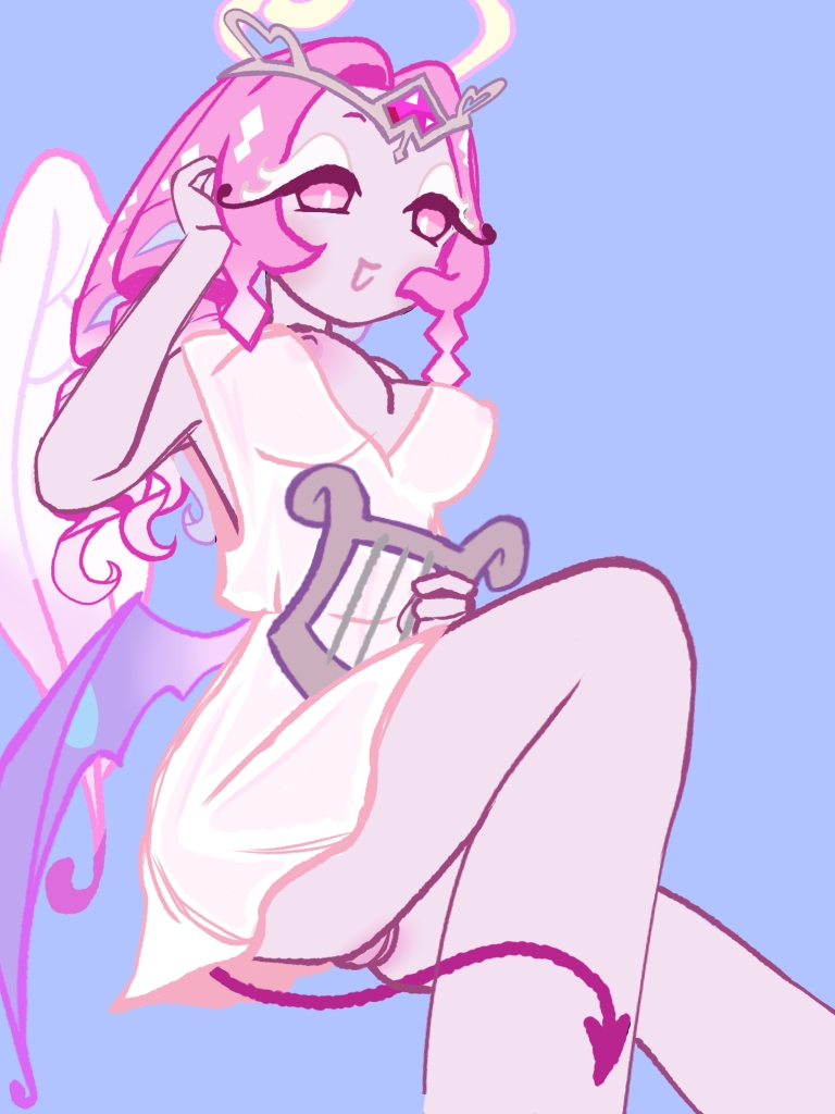 angel, breasts, cookie run, cookie run kingdom, demon, devil, eternal sugar cookie, female, one breast out, pink skin, pussy, pussy peek, see-through clothing, succubus, wings